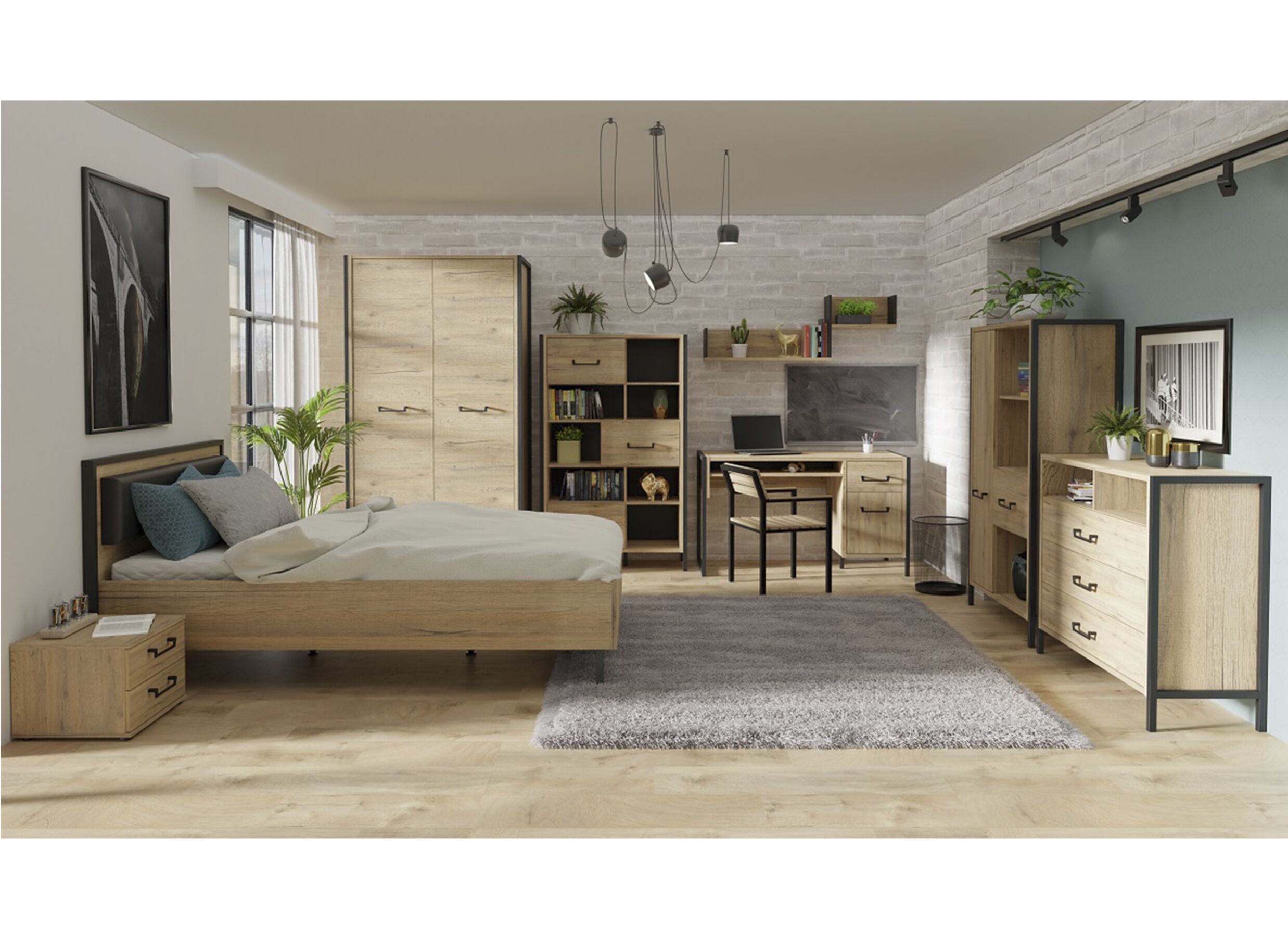 Photo ensemble - Bureau Oriental Tree 129,4x60,2cm - panneau décor - bartex chêne