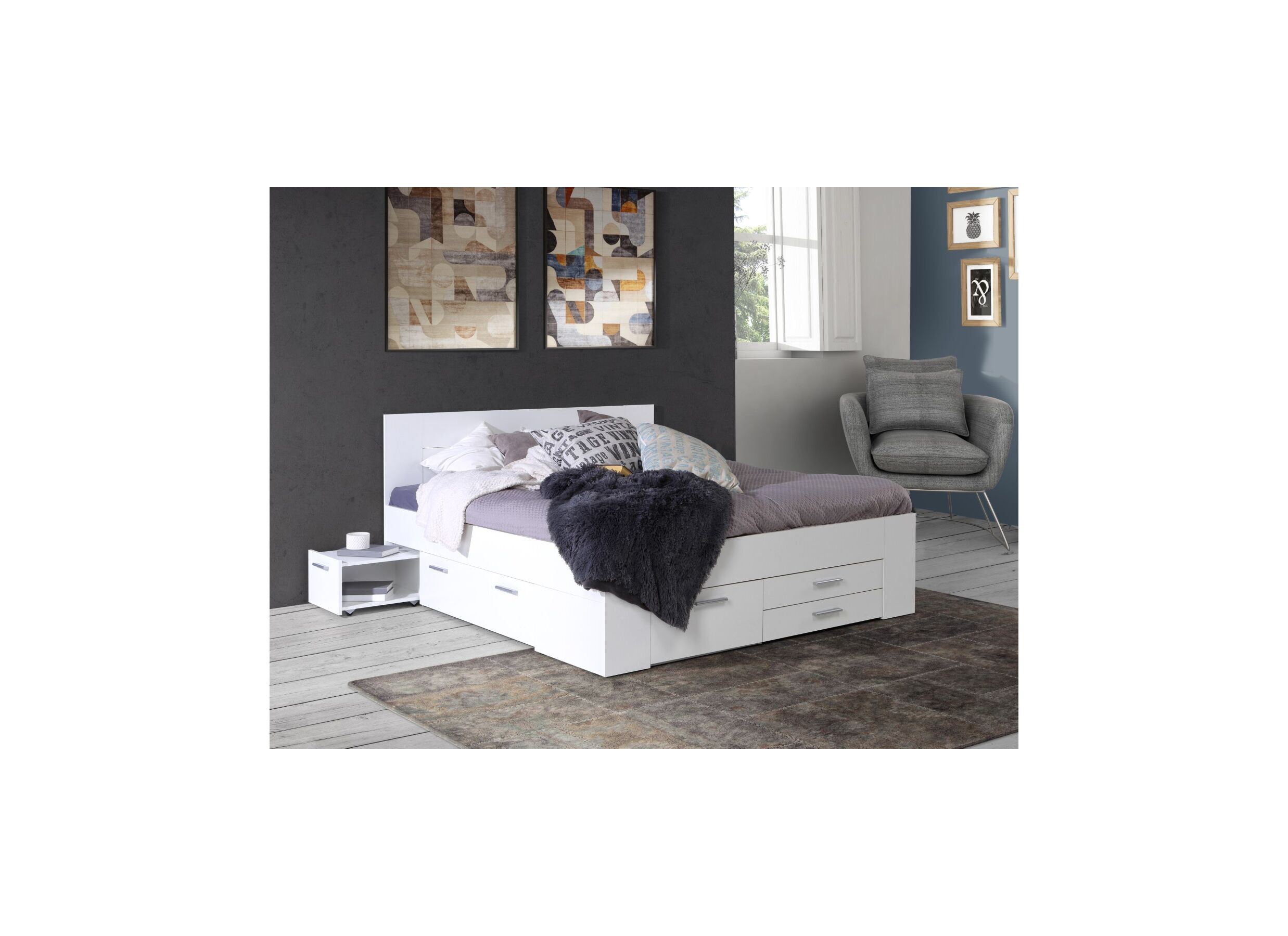Bed Udine 160x200cm met opbergruimte - meubelplaat - wit - Lit Udine 160x200cm avec rangement - panneau décor - blanc