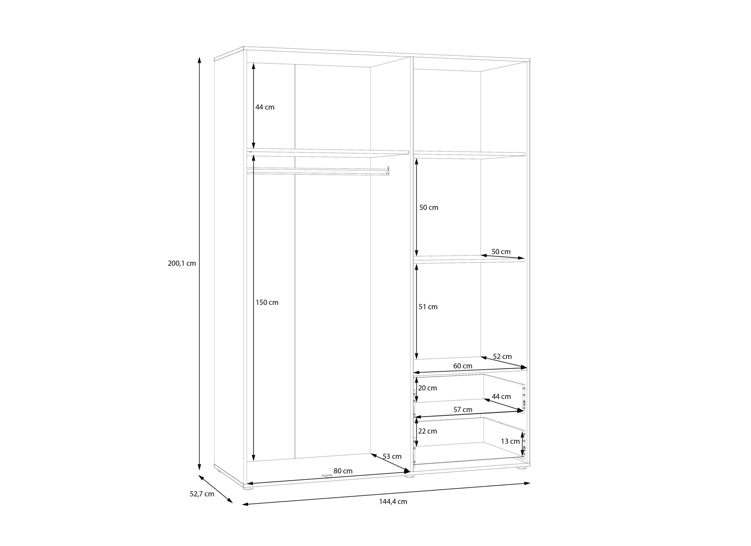 Afmetingen - Kleerkast Mokkaro 145cm - decor - mauvela eik & zand