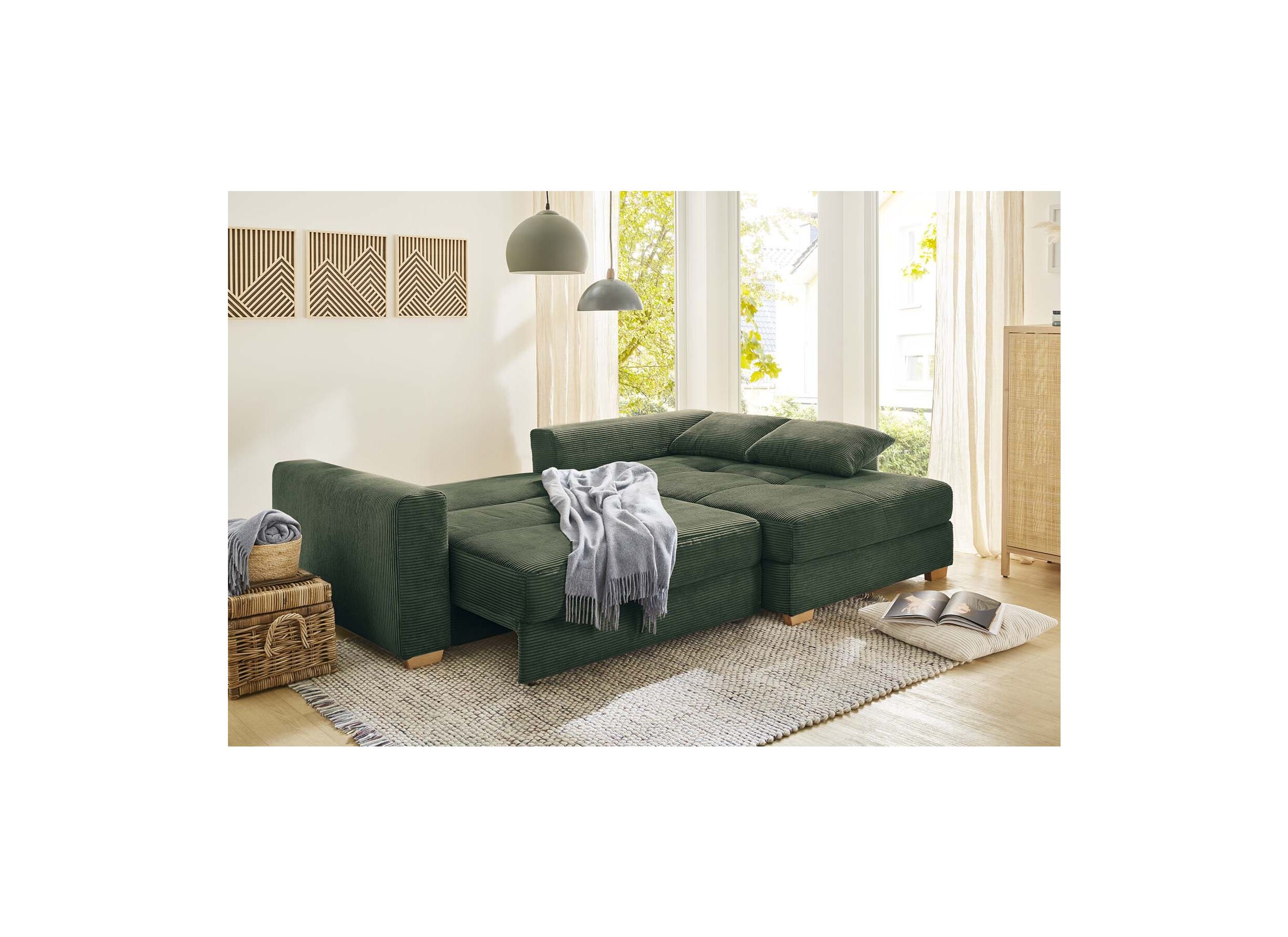 Hoeksalon Kampen 288x186cm - stof - groen met bedfunctie en opbergruimte