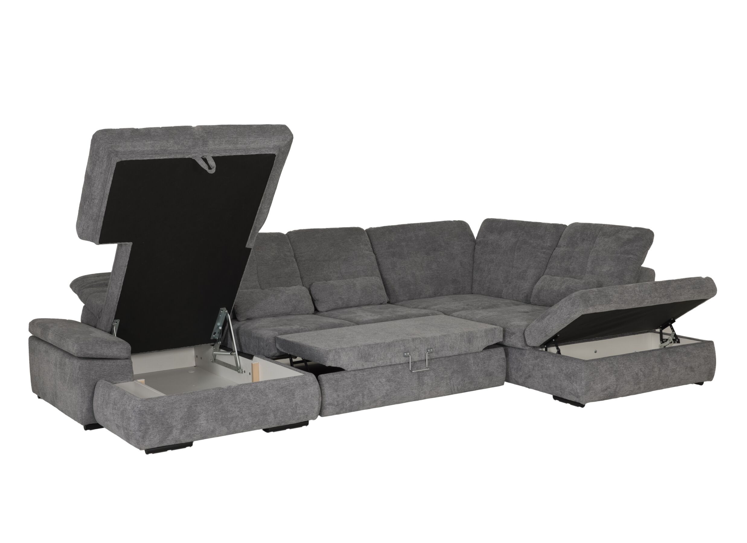 Hoeksalon Artus 371x260cm - stof - grijs met bedfunctie en opbergruimte
