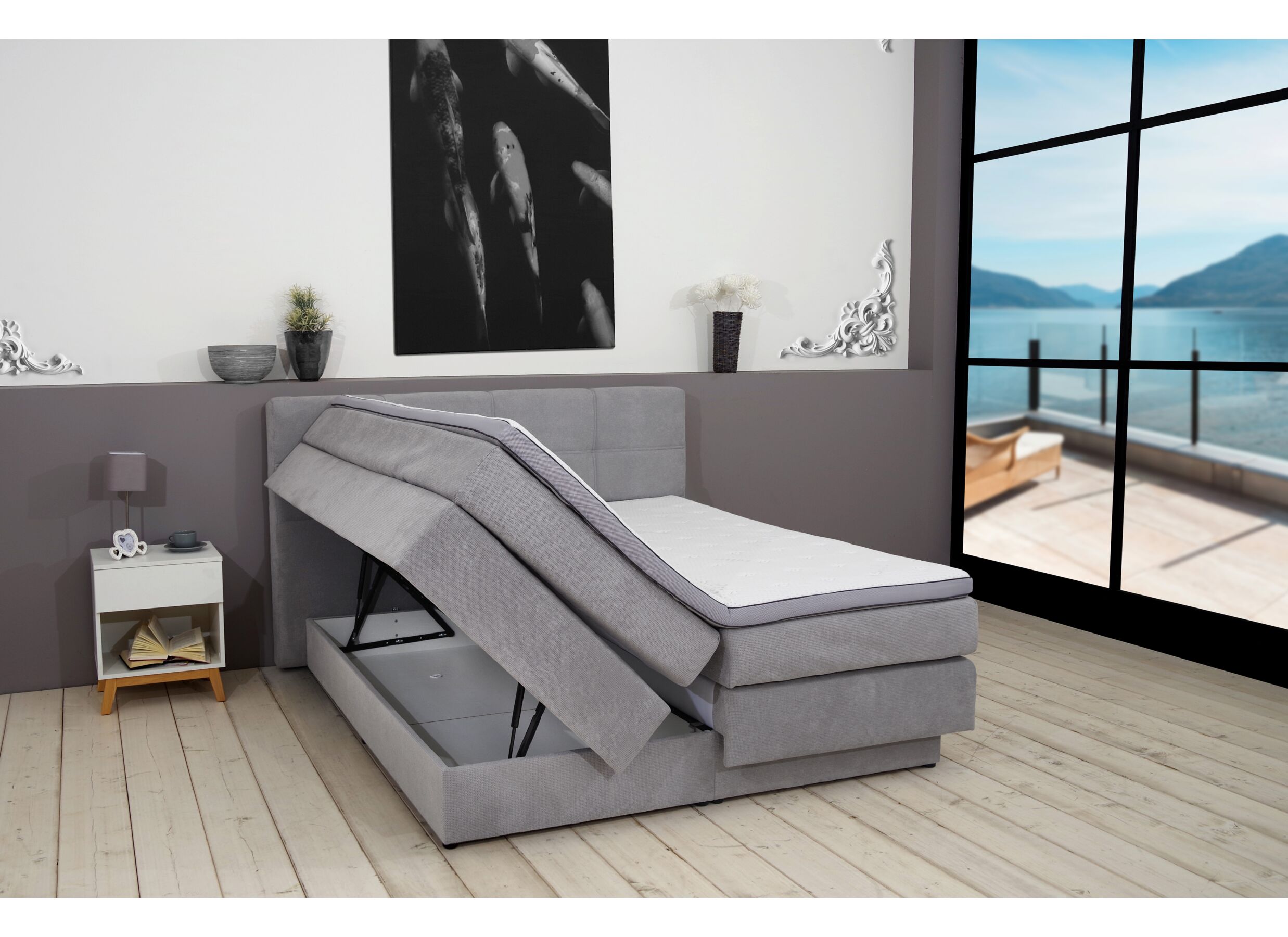 Foto ambiance - Boxspring BX2110 Portage 160x200cm avec rangement - tissu - gris clair