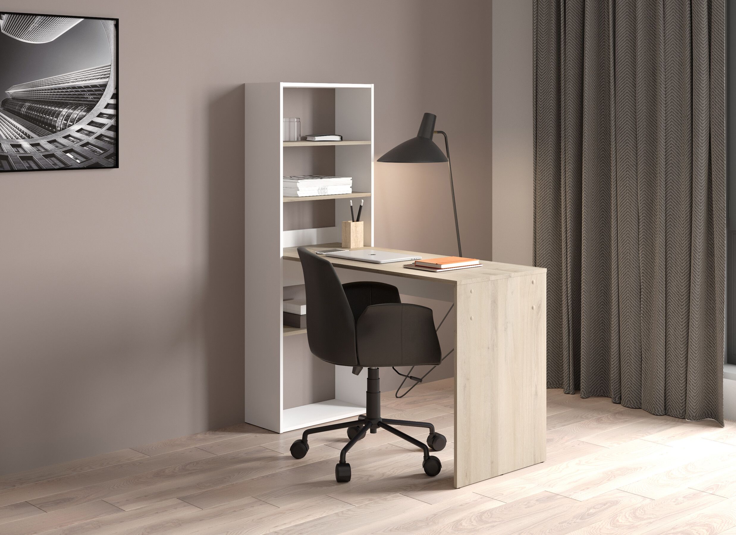 Foto ambiance - Bureau d'angle Ease 123x145x53cm - décor - chêne kronberg & blanc