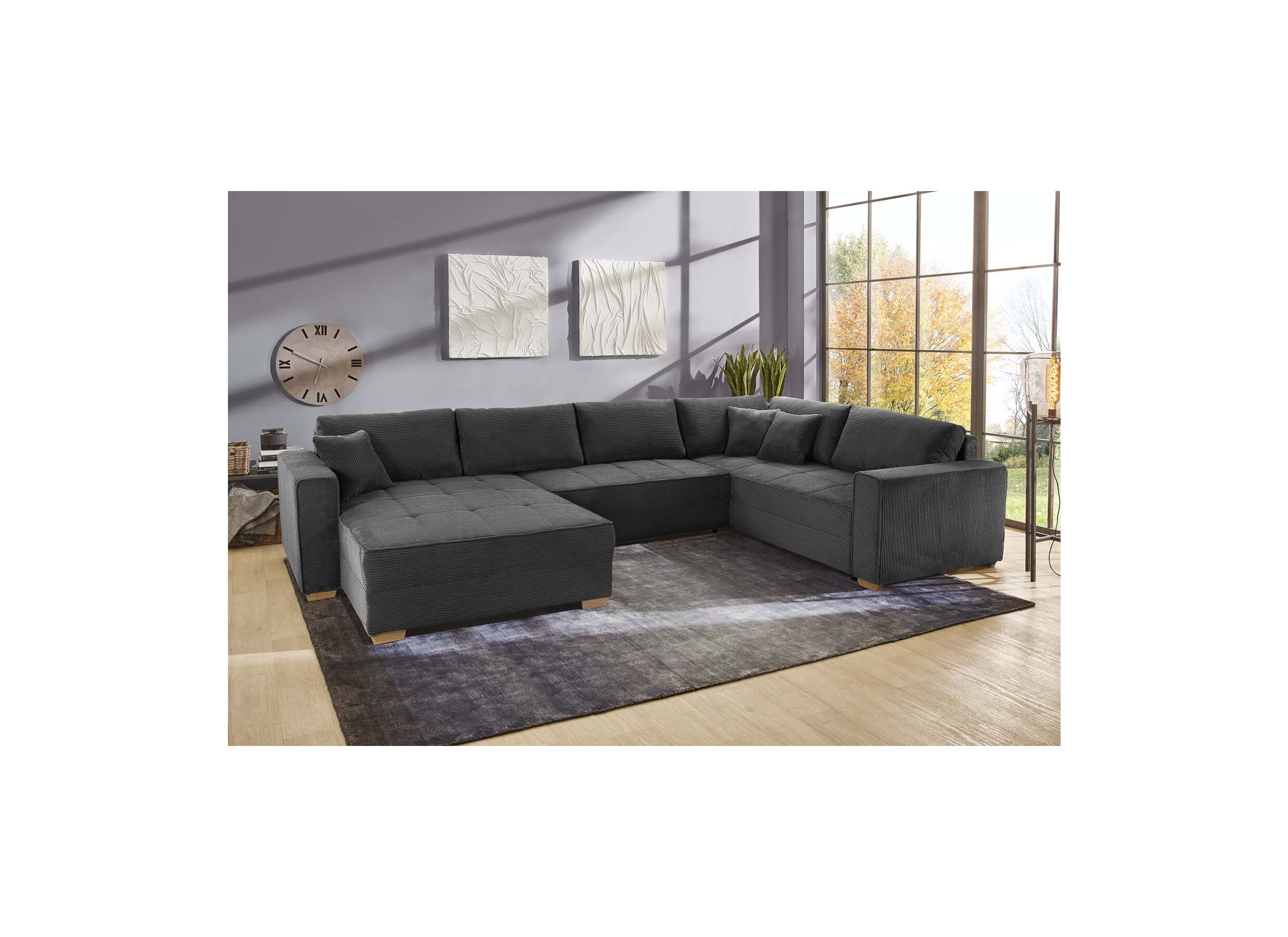Hoeksalon Brixen 379x227cm - ribfluweel - grijs met bedfunctie