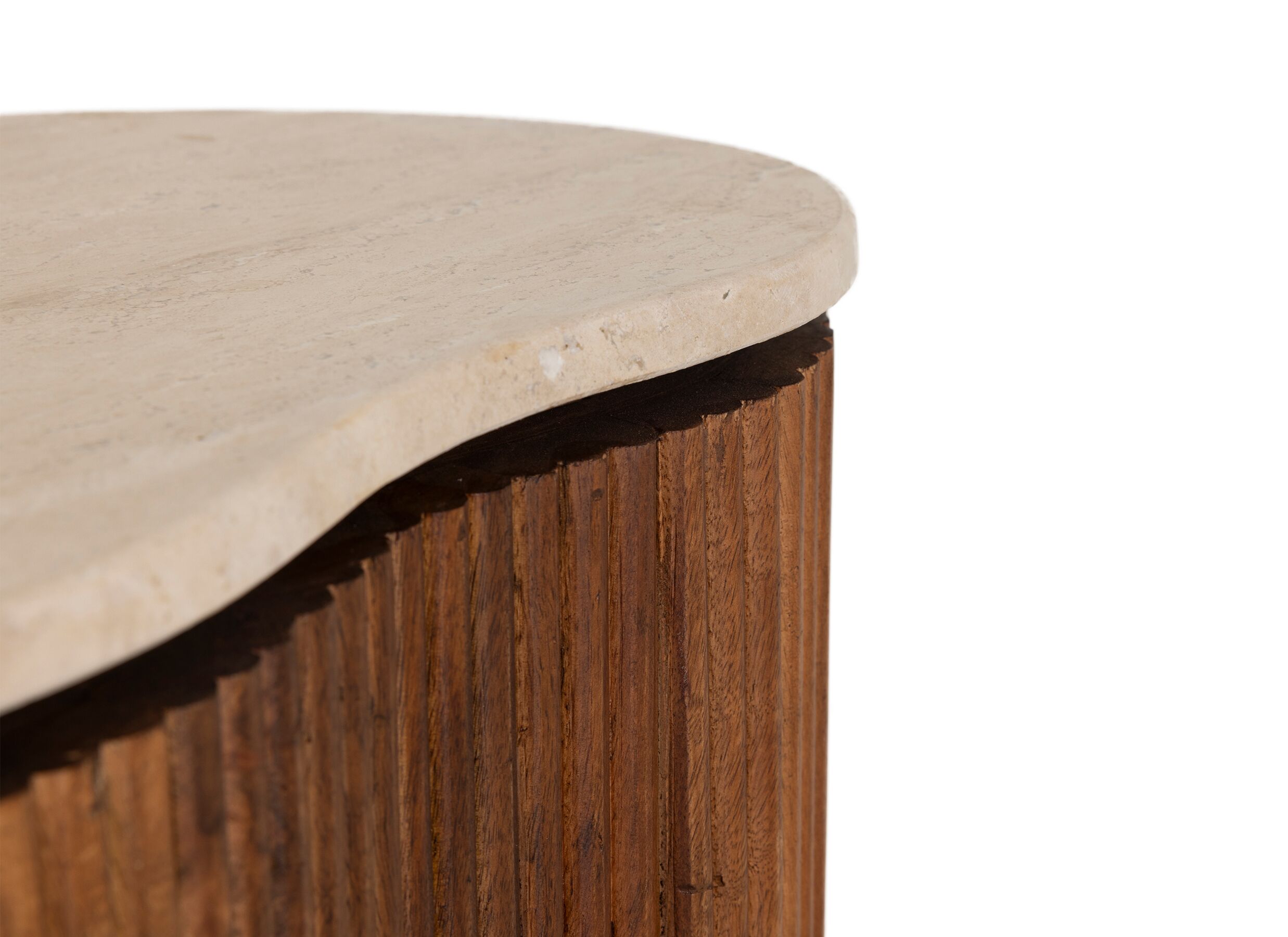 Detailfoto - Salontafel Fossa 80x60x35cm/50x38x40cm - mango massief & travertijn - bruin set van 2