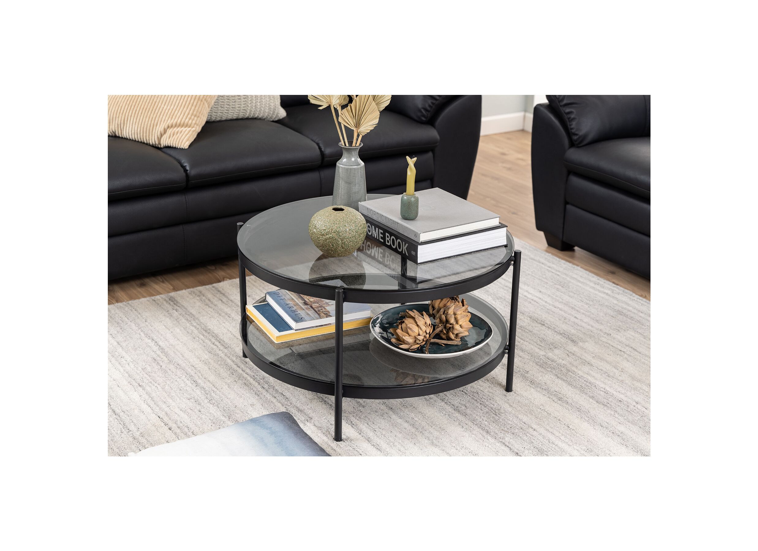 Salontafel Ø79cm - metaal - zwart mat & smoked glass