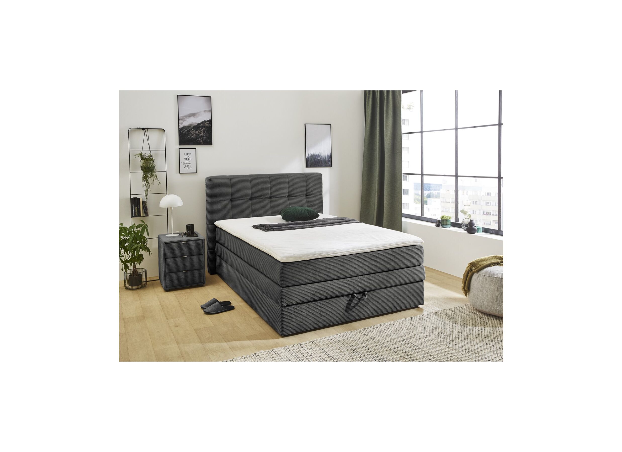 Boxspring Amy 140x200cm avec rangement tissu gris foncé