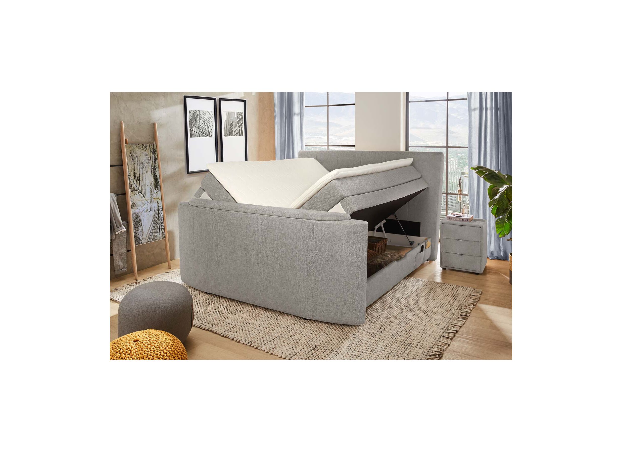 Aperçu - Boxspring Belair Mix 180x200cm avec ascenseur TV et rangement tissu gris clair