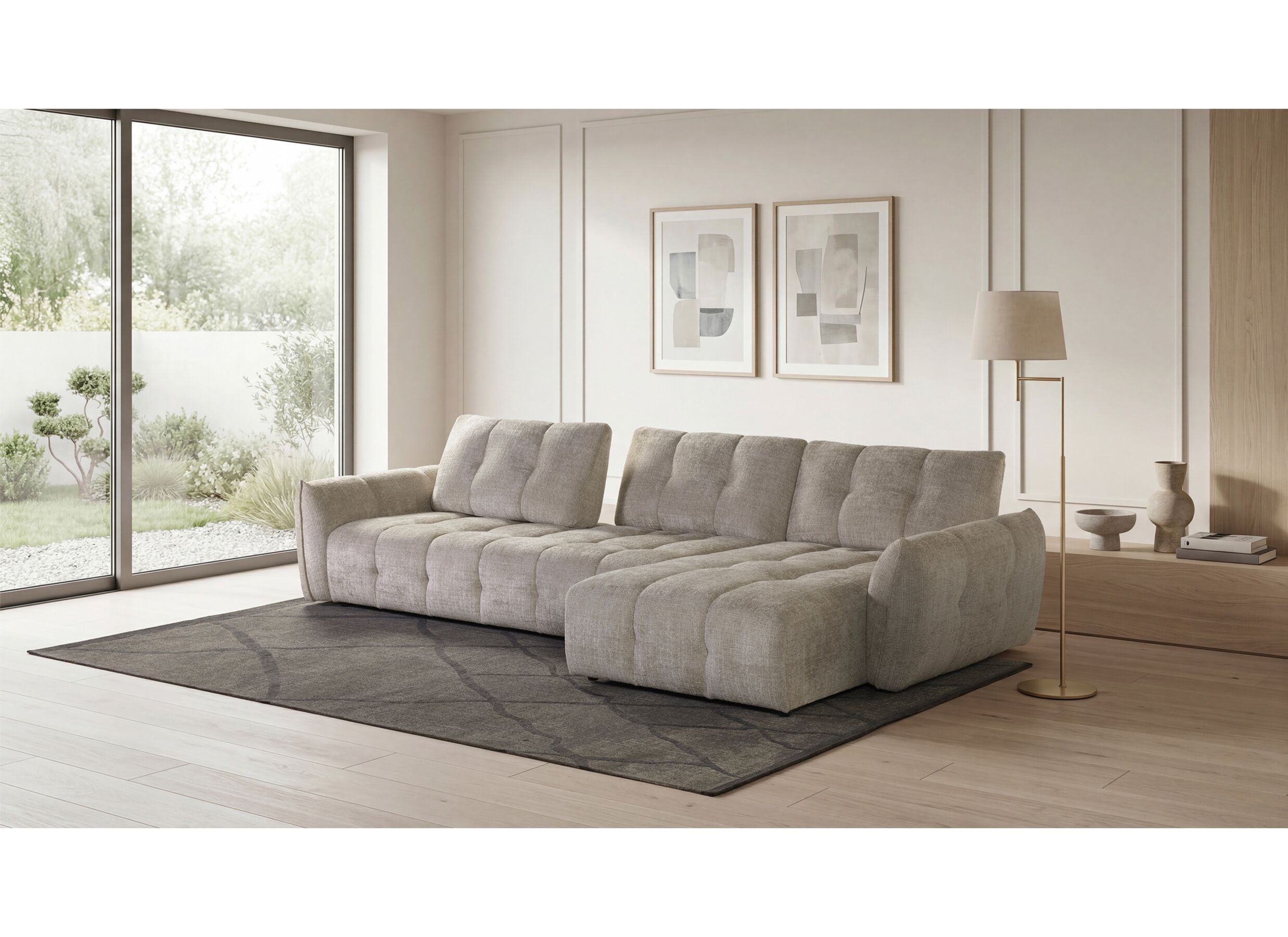 Sfeerfoto - Hoeksalon Pocone 337x187-200cm - stof - greige met zitdiepteverstelling