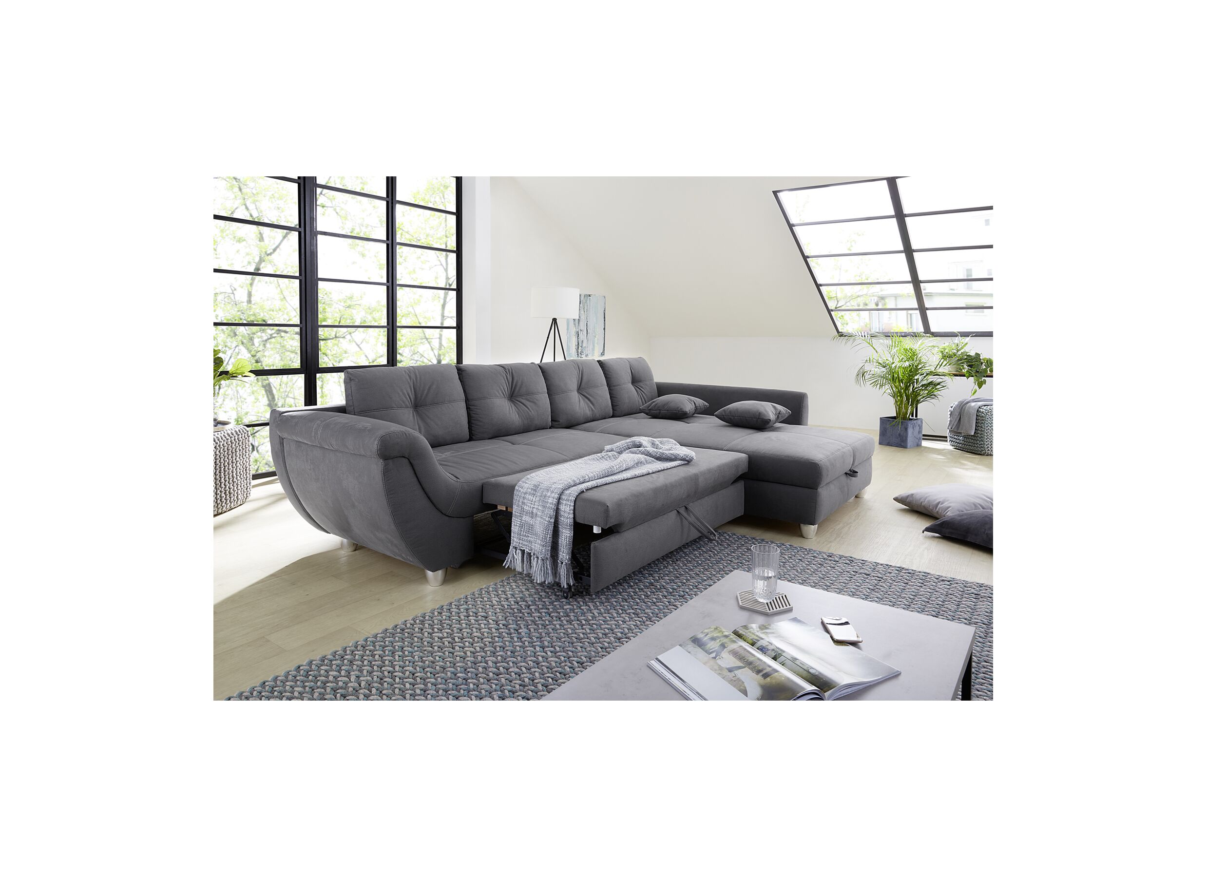 Detail - Canapé d'angle Maranello tissu gris avec fonction lit
