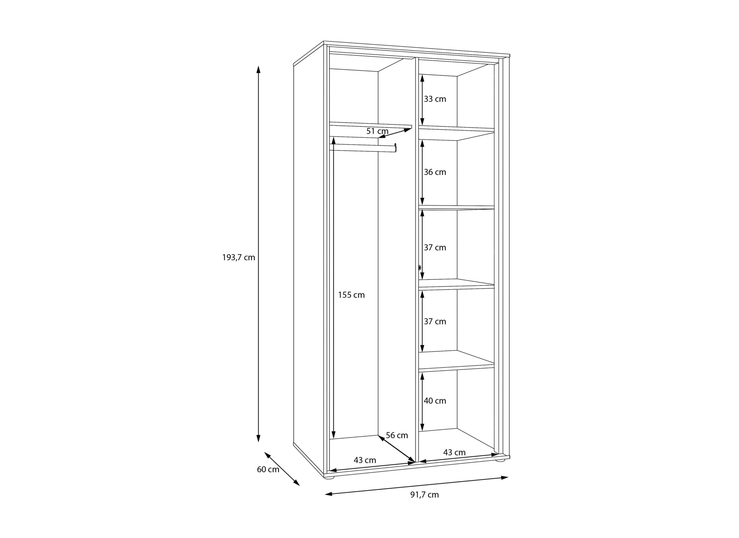 Dimensions - Garde-robe Wexlin 91x60x194cm - décor - sand & mauvella oak