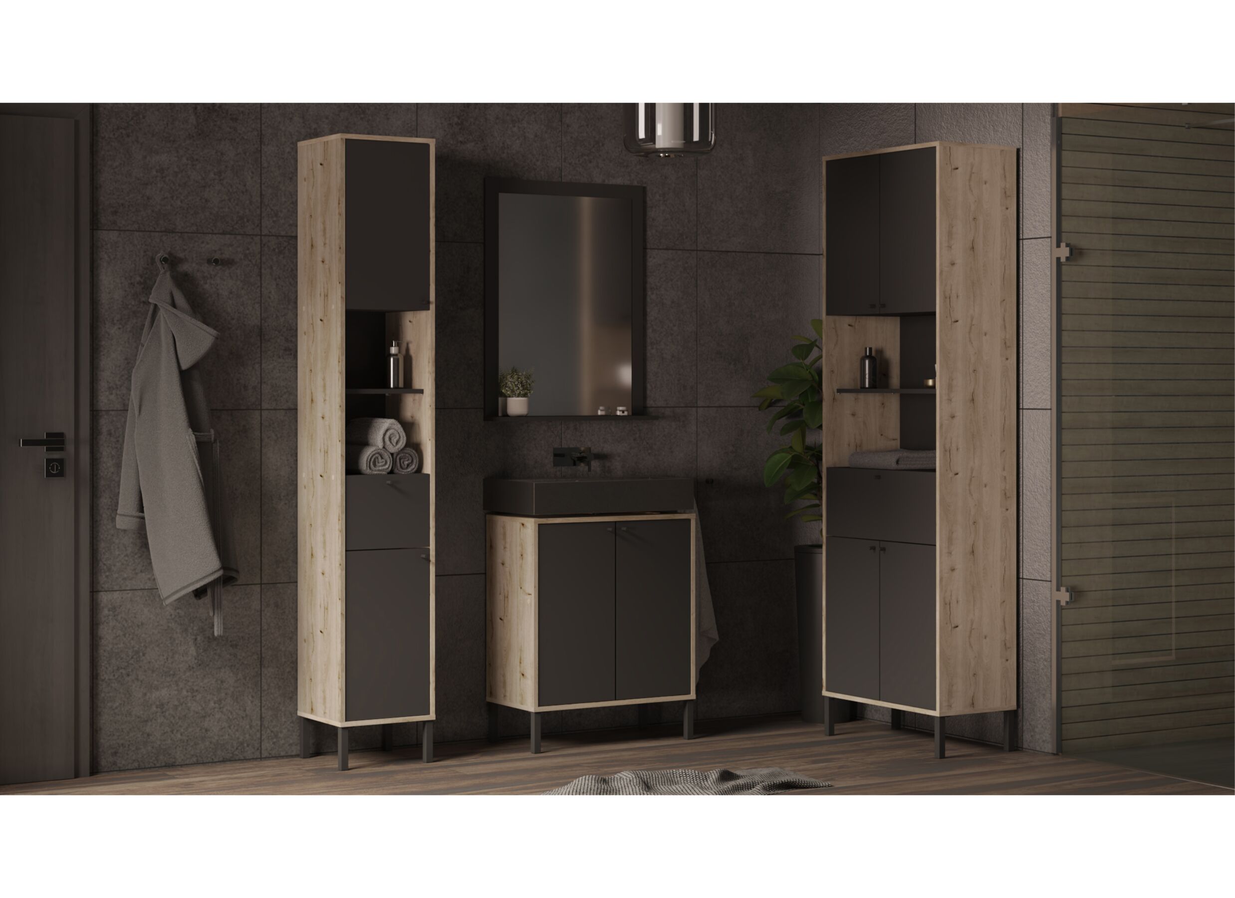 Foto ambiance - Meuble sous-lavabo Lagon 64x78x33cm - mélamine - chêne royal & noir
