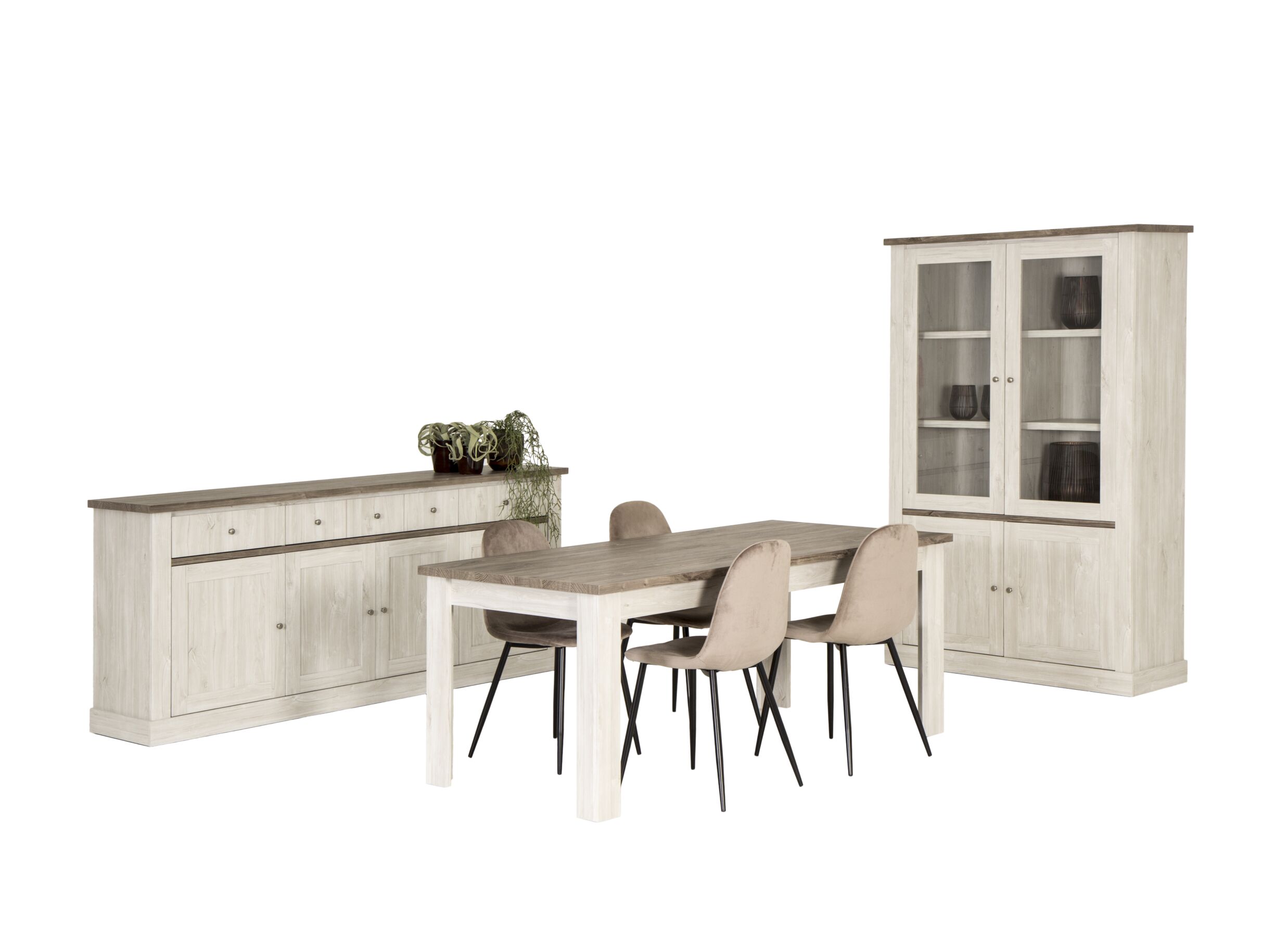 Eetkamer Eline met 4 stoelen Charlton - tafel 190x90cm - dressoir 220cm - vitrinekast 126cm