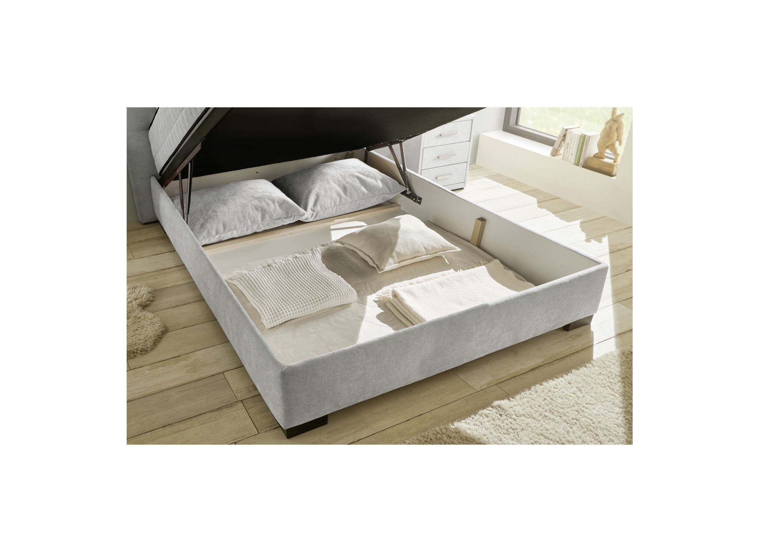 Foto ambiance - Lit box Nagol A 140x200cm avec rangement tissu argent