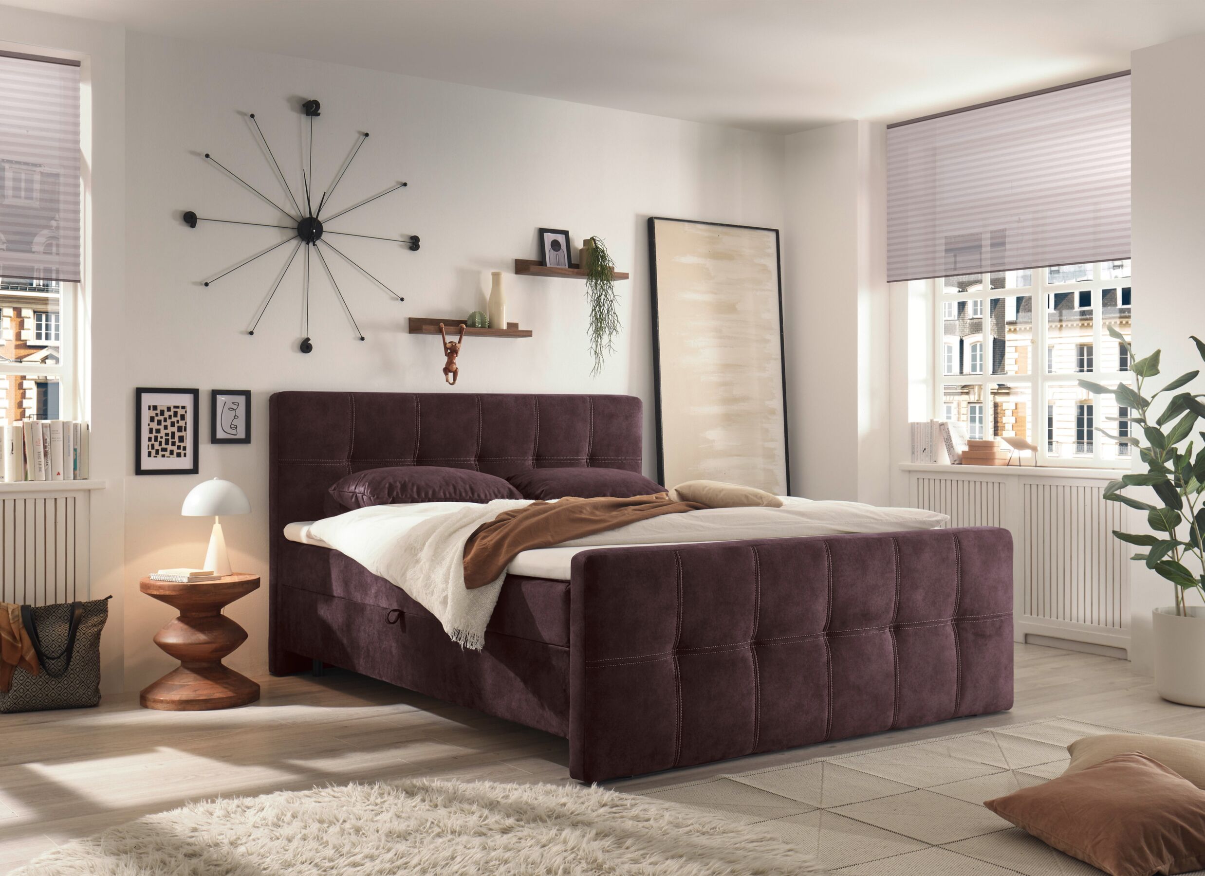 Foto ambiance - Lit box Valetta 160x200cm - tissu - aubergine avec rangement