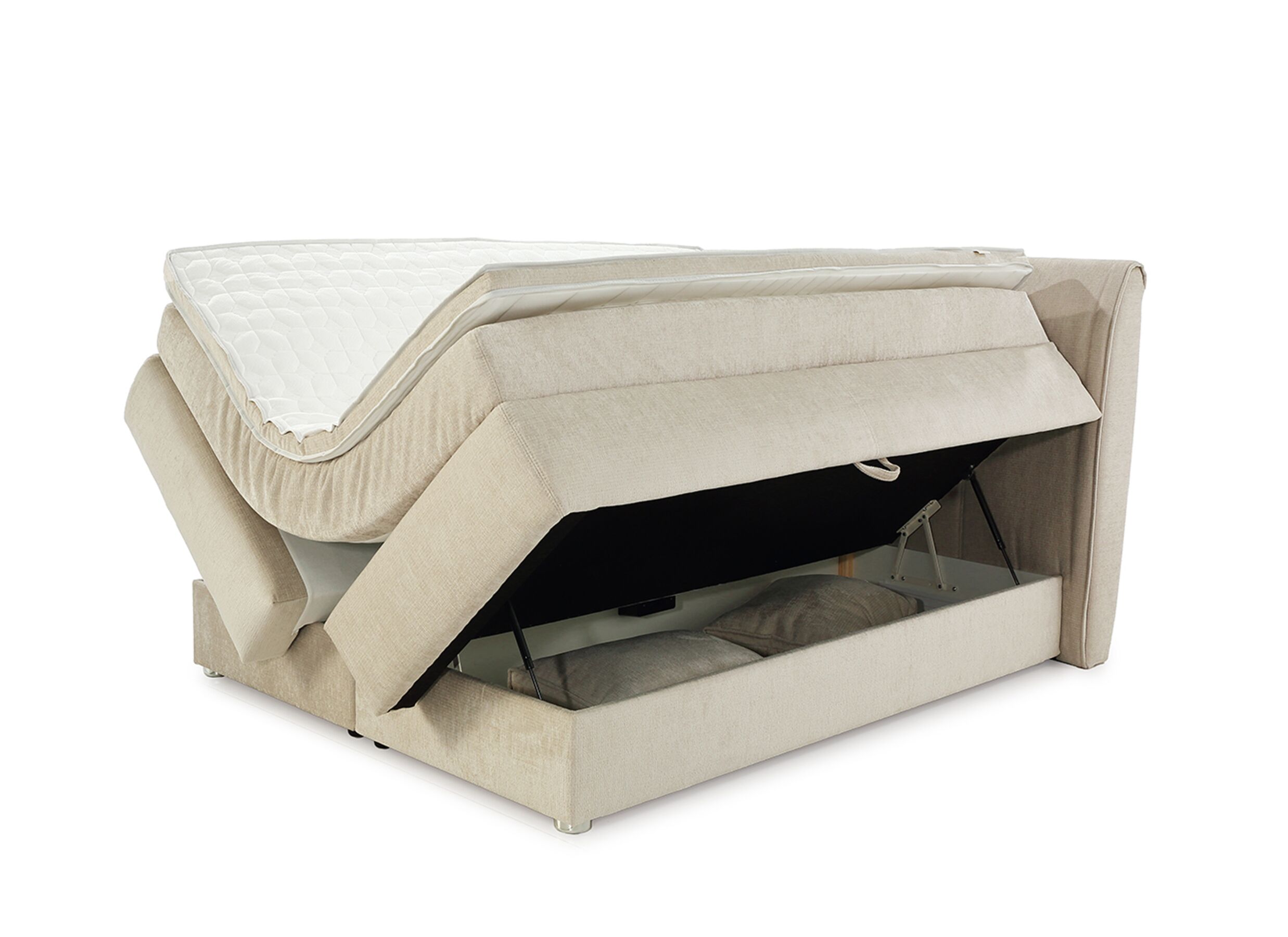 Overzichtsfoto - Boxspring Caren Max 180x200cm - stof - ecru met opbergruimte