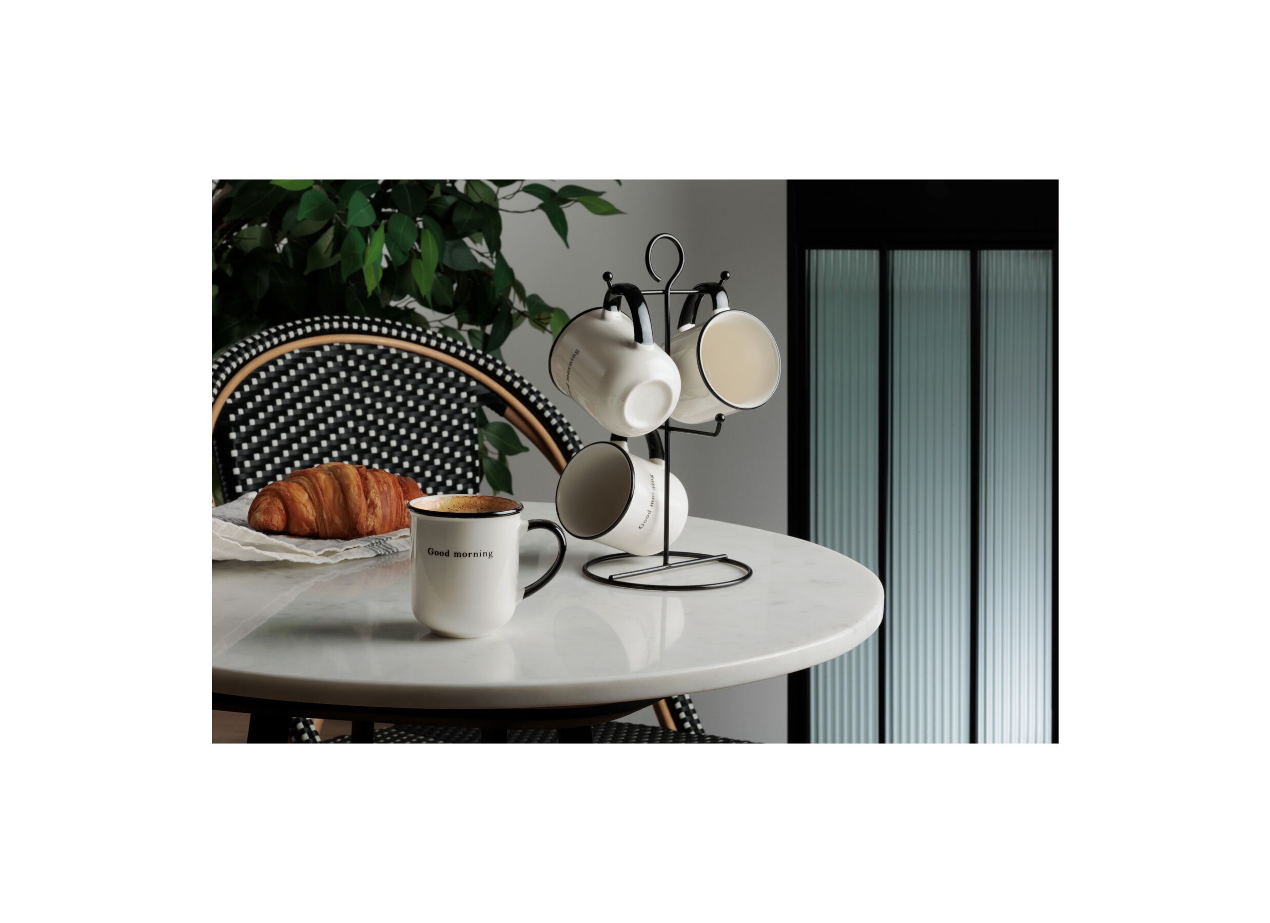 Sfeerfoto - Rek 4 mokken Alix 20cl 16x15x16cm - porselein & metaal - zwart/wit