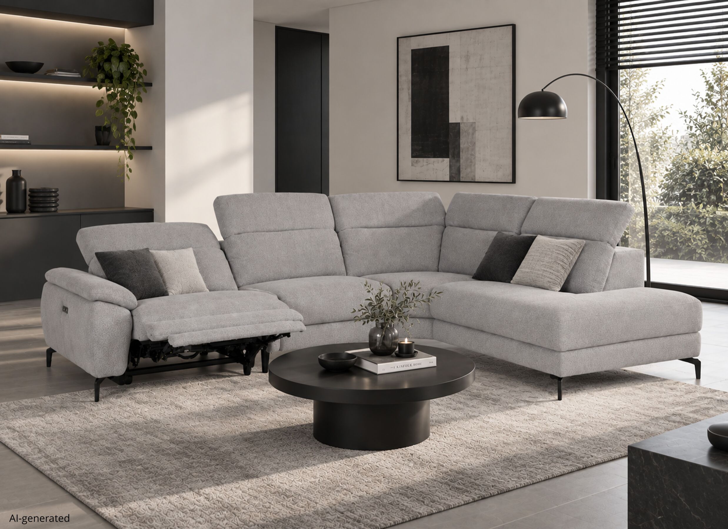 AI Generated - Canapé d'angle Sub 302x243cm - tissu - gris argenté avec relax