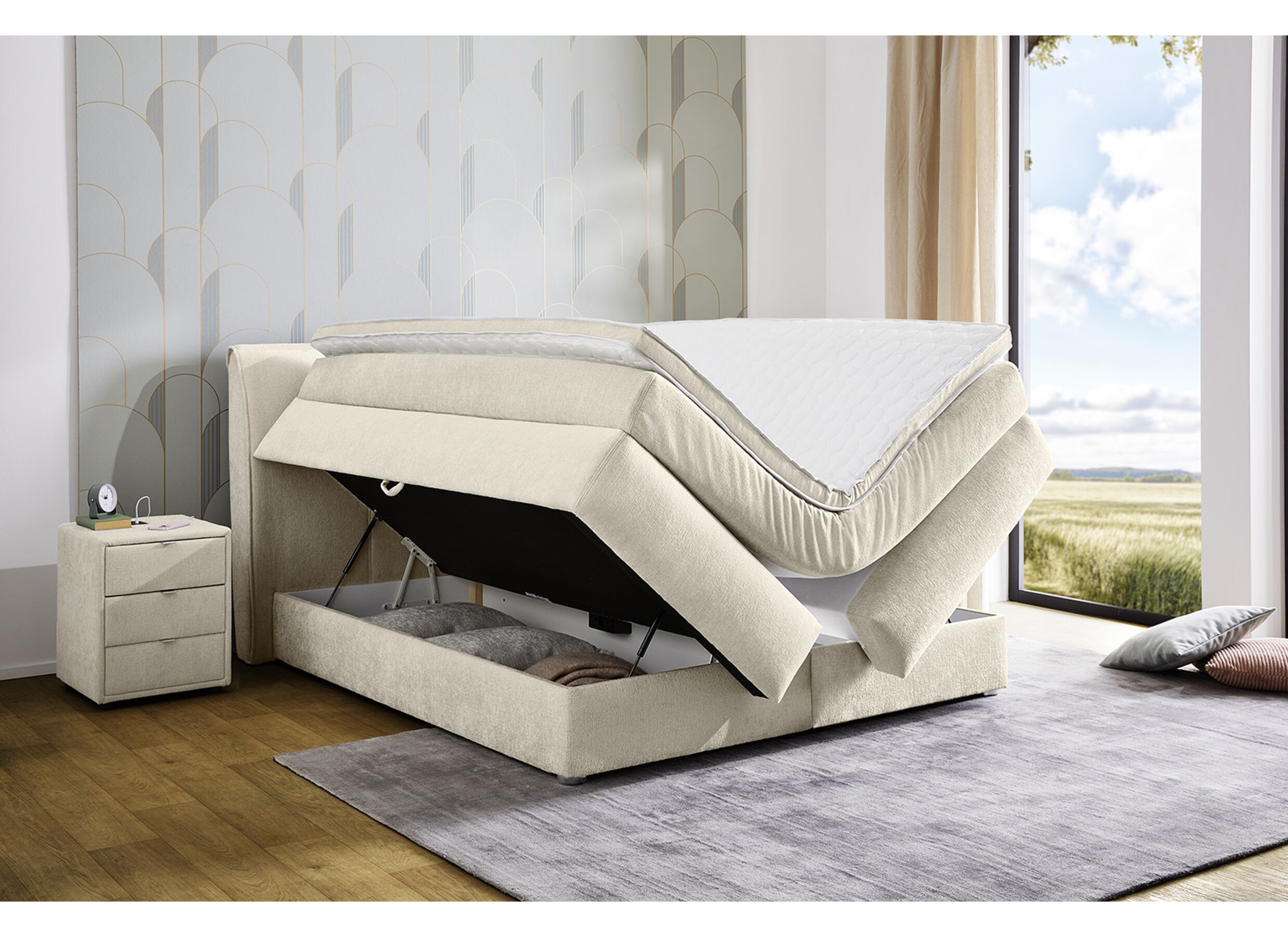 Sfeerfoto - Boxspring Caren Max 180x200cm - stof - ecru met opbergruimte