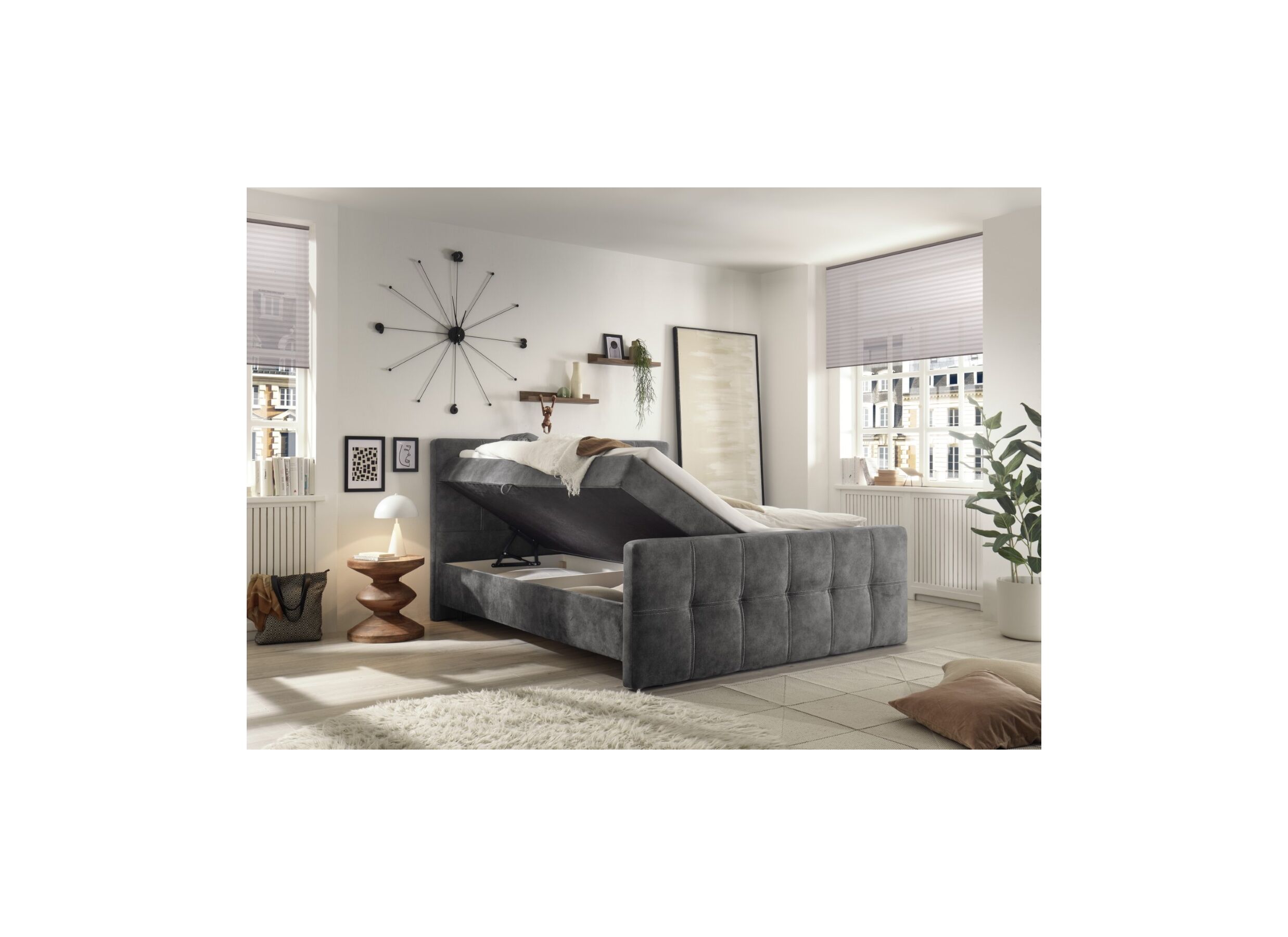 Foto ambiance - Lit box Valetta 160x200cm avec rangement tissu anthracite