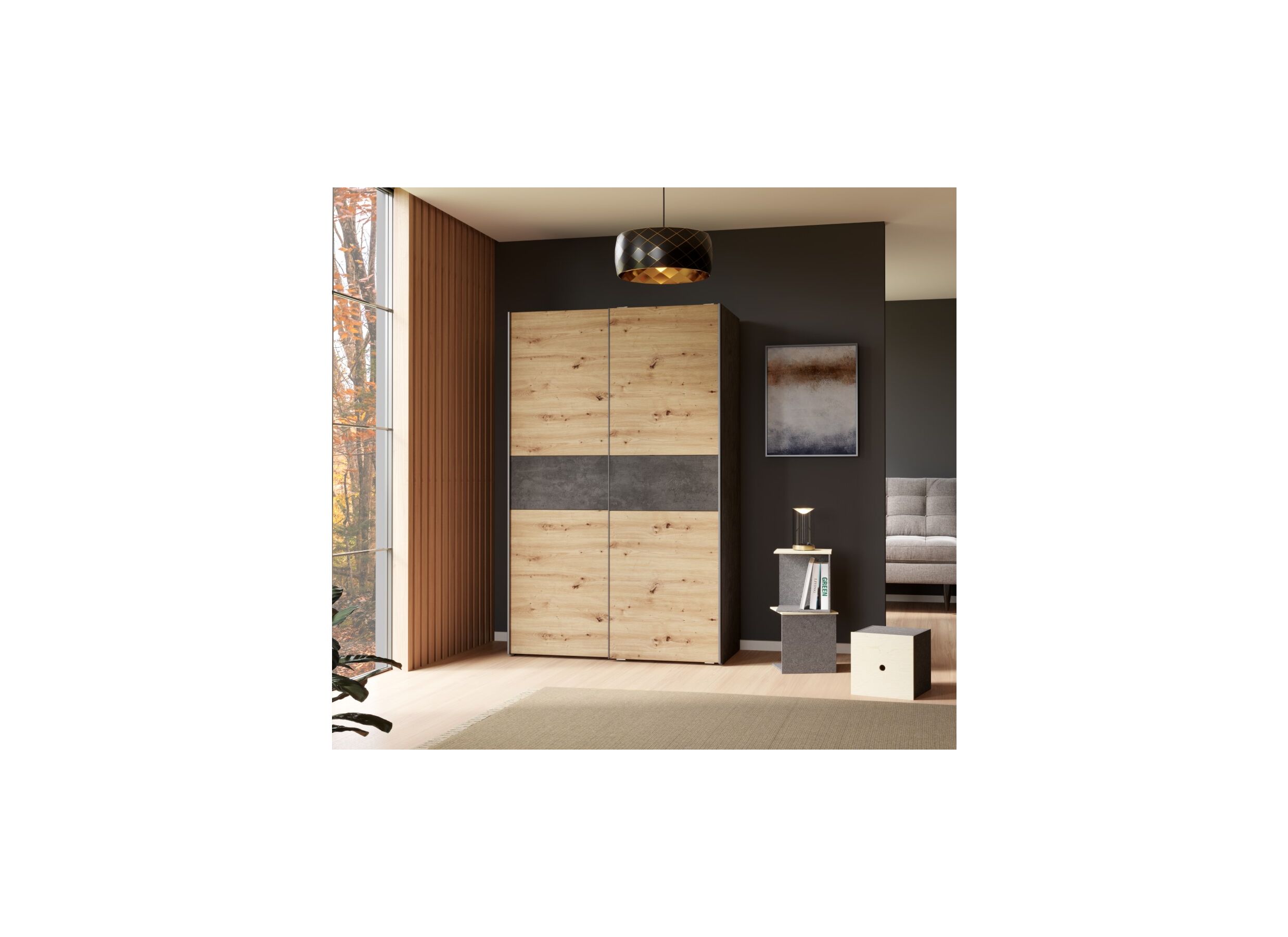 Armoire à portes coulissantes Khanea 120cm - panneau décor - chêne artisanal/béton