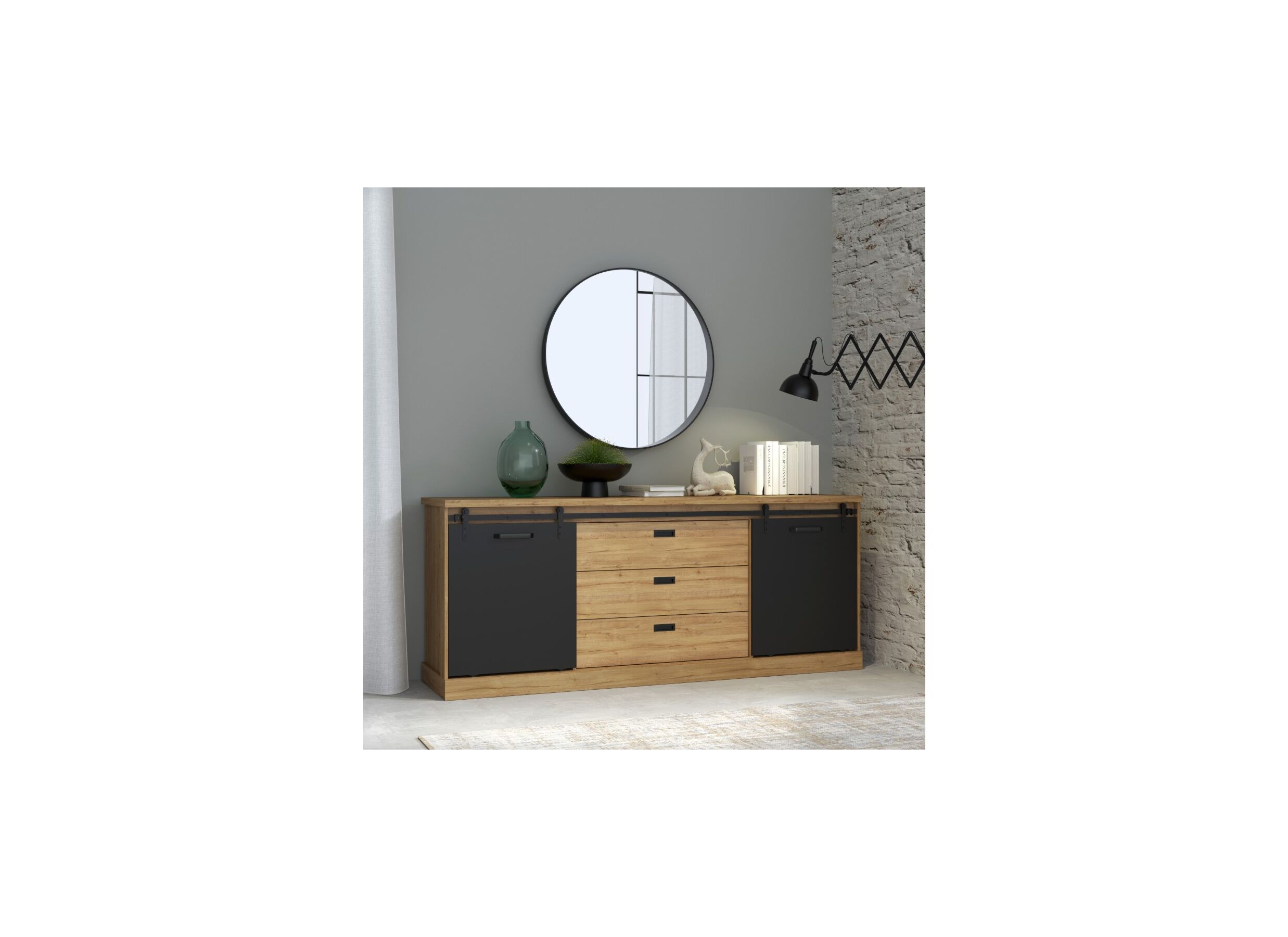 Buffet Kaszimiro 213cm - panneau décor - chêne waterford/noir