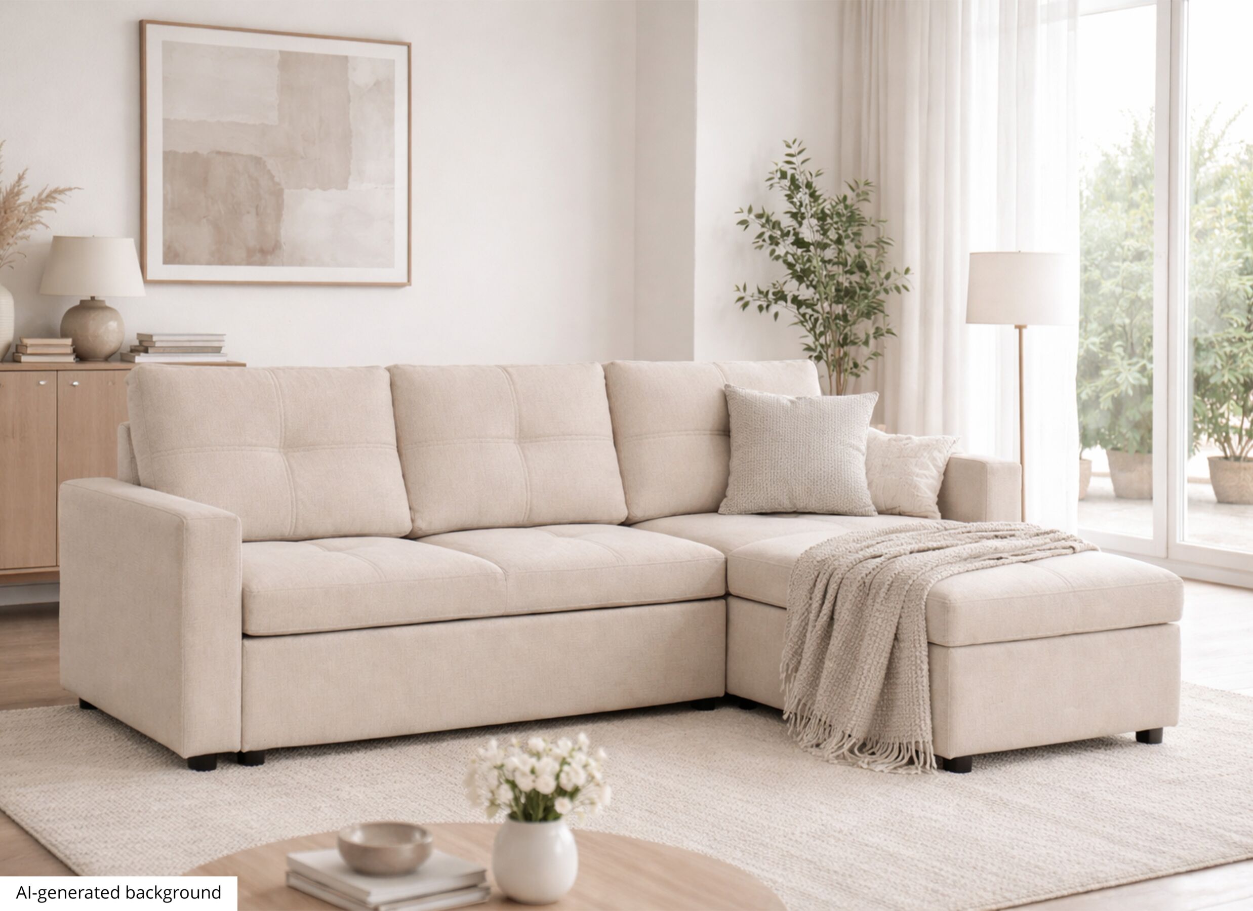 AI Generated - Canapé d'angle Moncada 213x122cm - tissu - beige