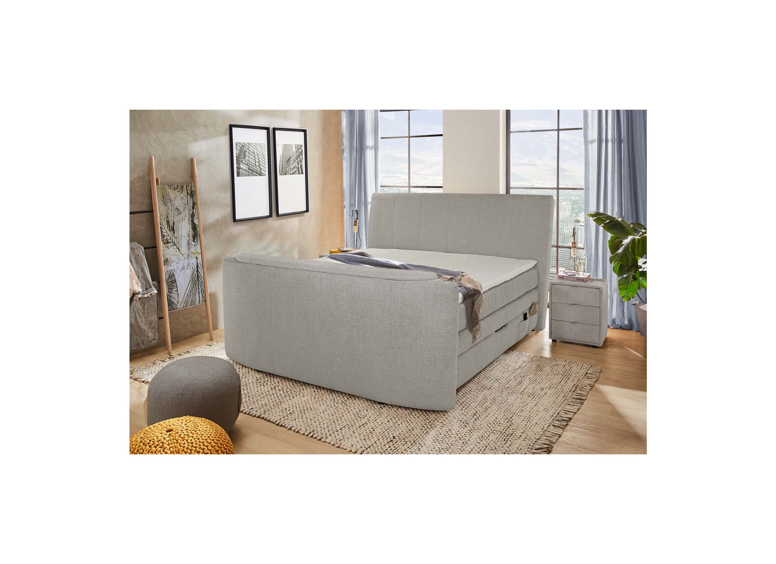 Sfeerfoto - Boxspring Belair Normal 180x200cm - stof - lichtgrijs met tv-lift en opbergruimte