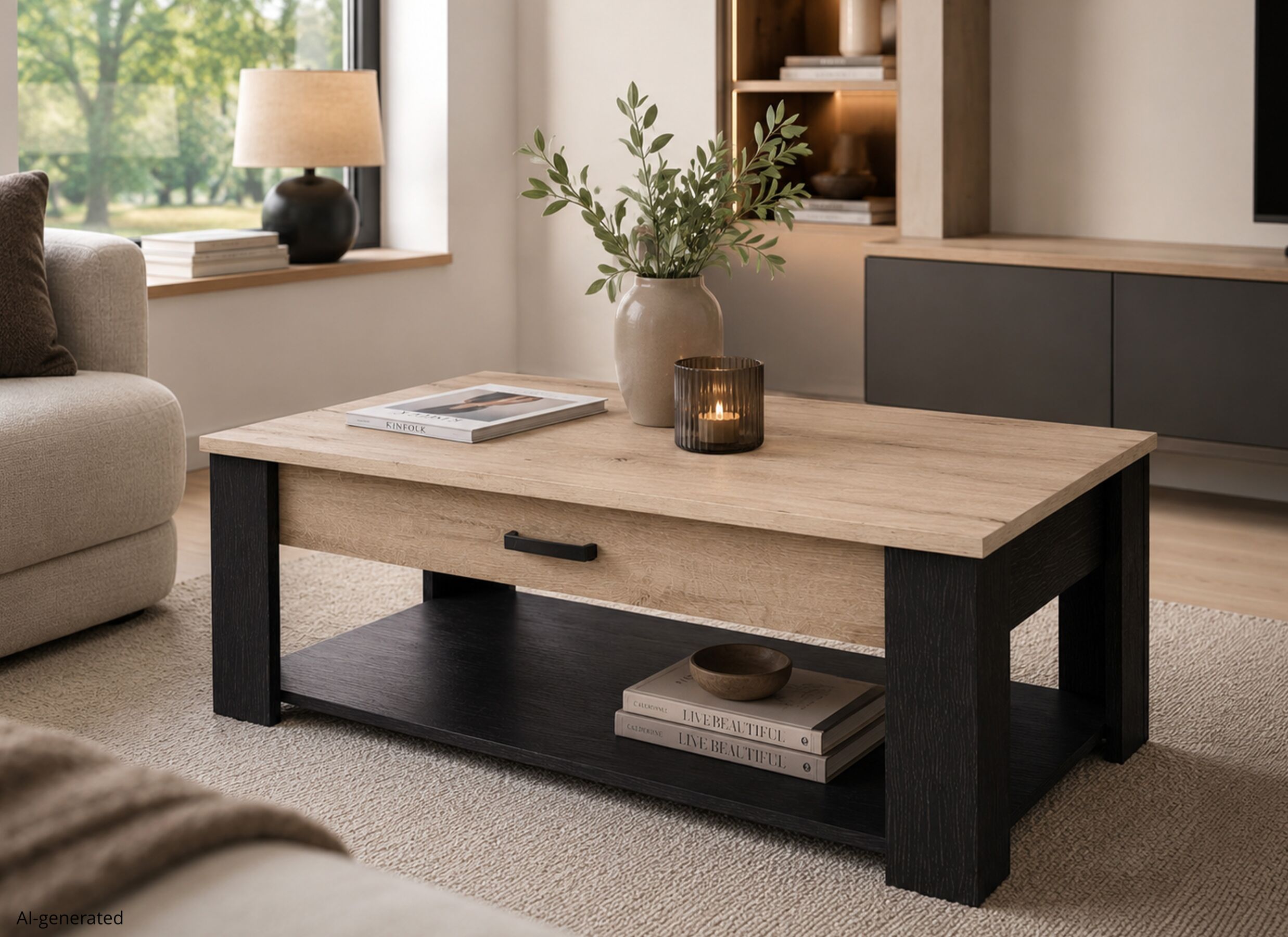AI Generated - Table basse Aubrac 120x64cm - décor - royal oak & ébène