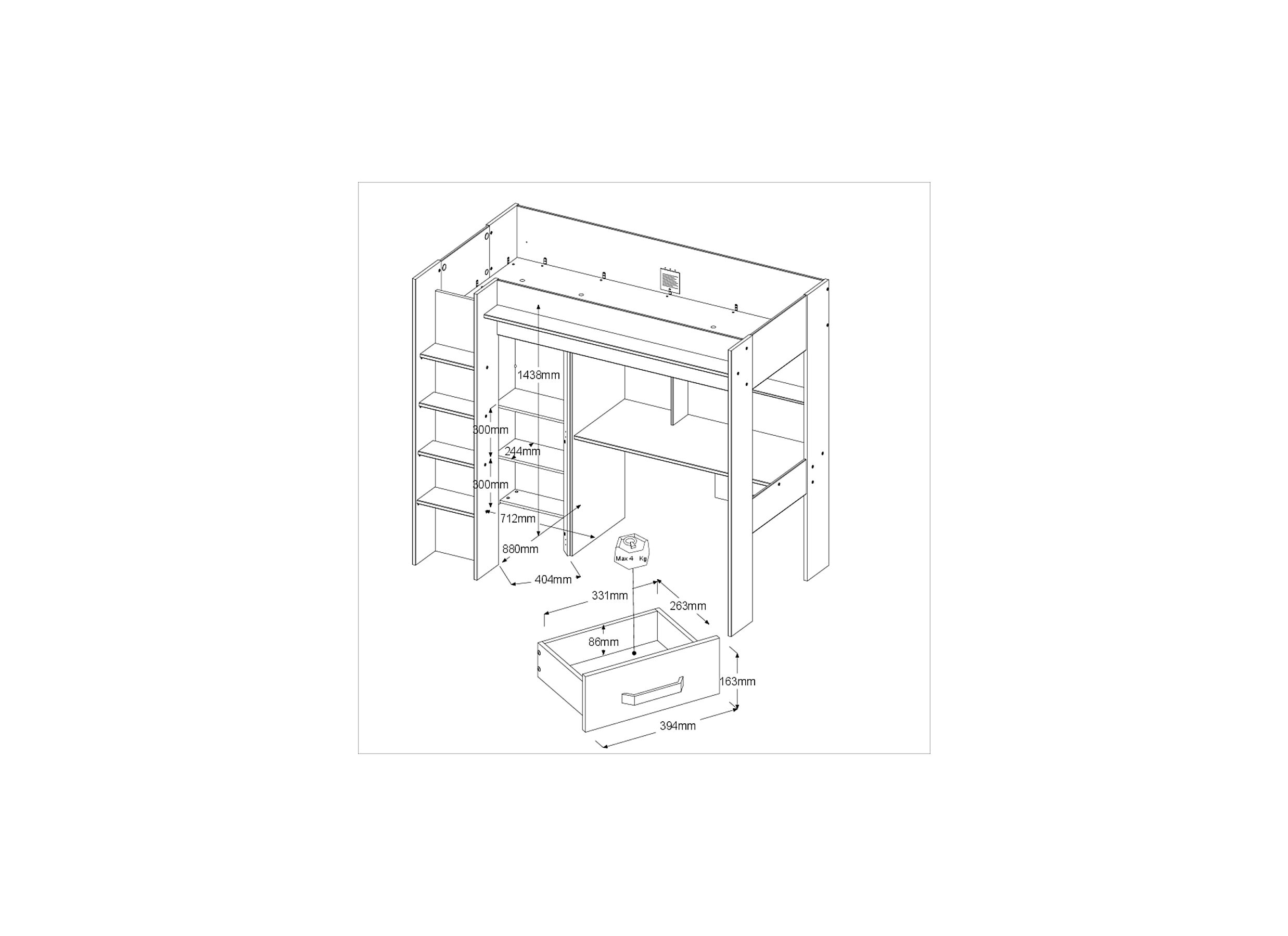 Lit mezzanine Heavy 90x200cm chêne gris foncé