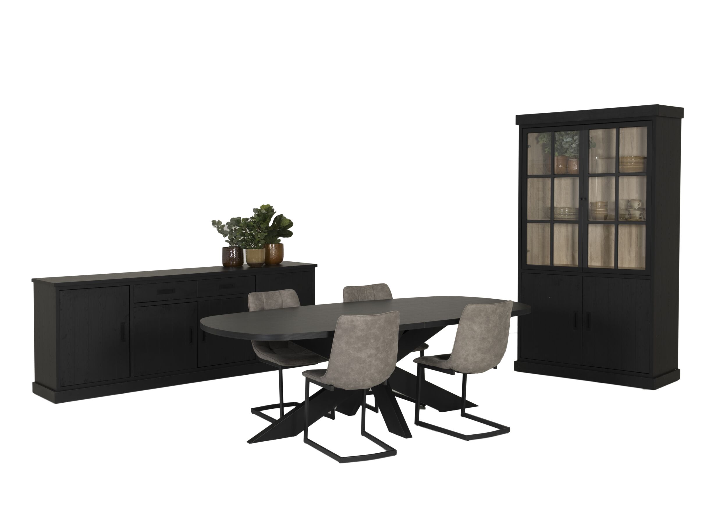 Eetkamer Raphael met 4 stoelen Cloud - tafel 230x119cm - dressoir 240cm - vitrinekast 122cm