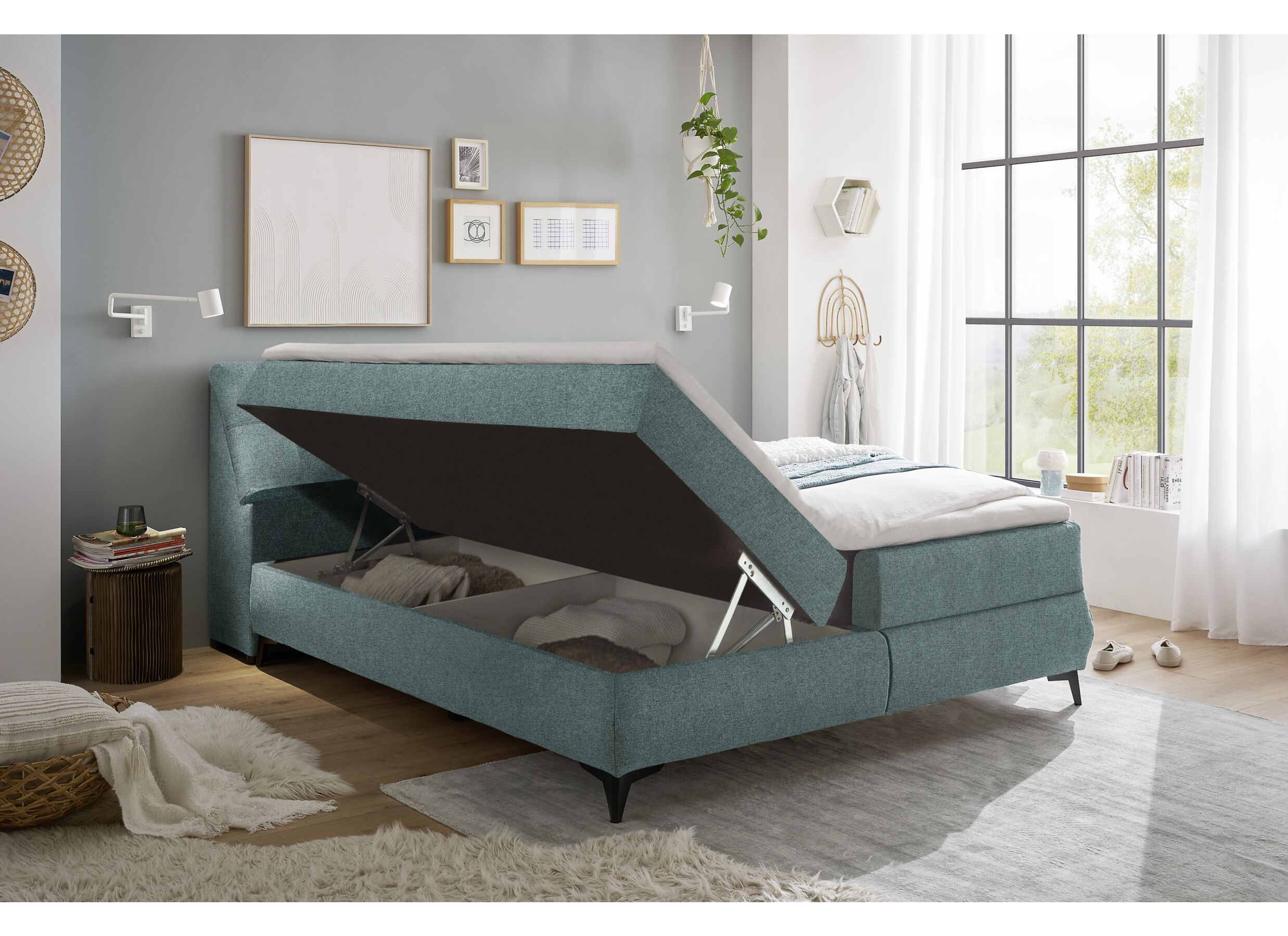 Foto ambiance - Lit box Atlantis 160x200cm avec rangement tissu menthe
