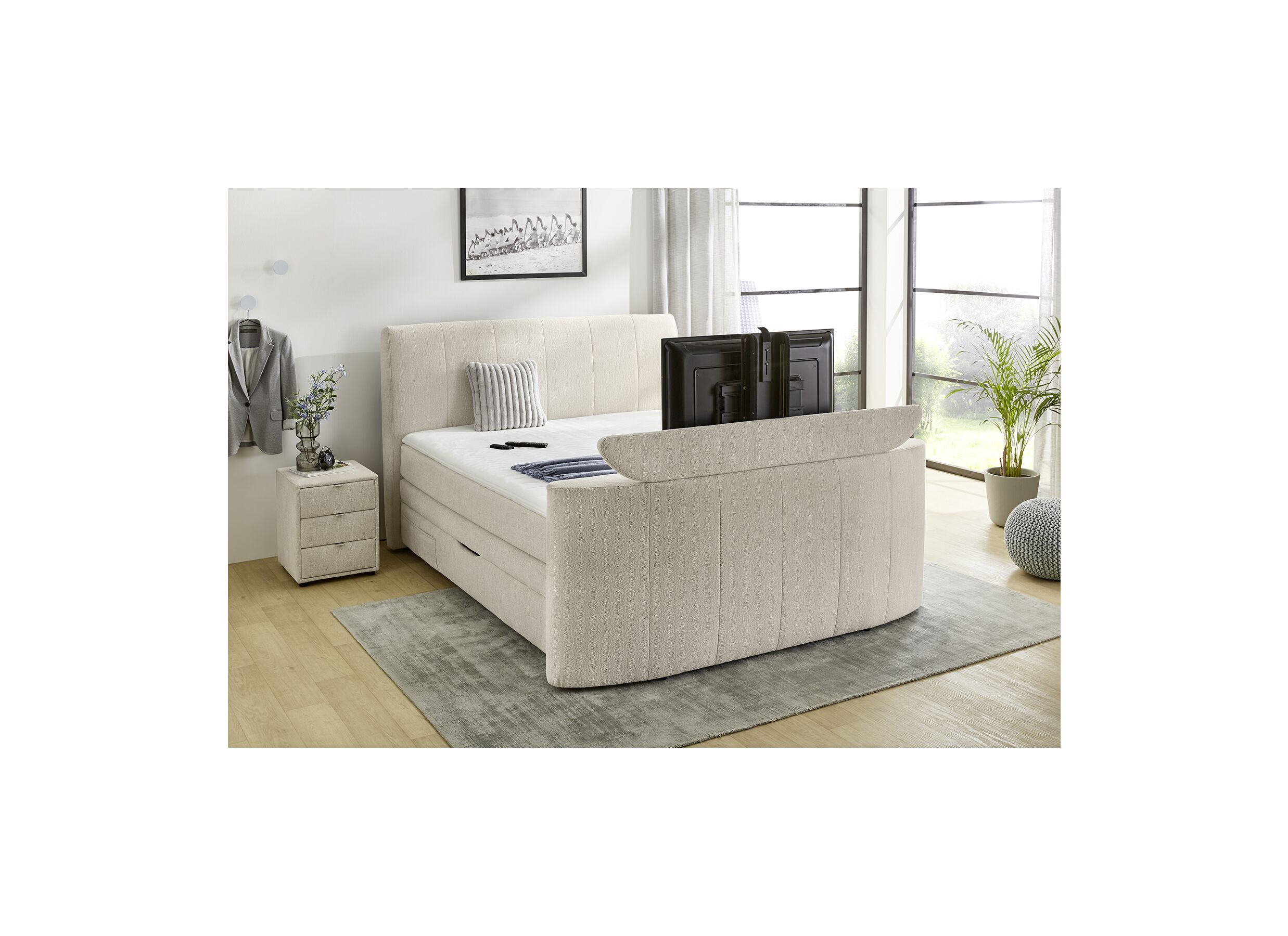Boxspring Belair Mix 180x200cm avec ascenseur TV et rangement tissu beige - Boxspring Belair Mix 180x200cm avec ascenseur TV et rangement tissu beige