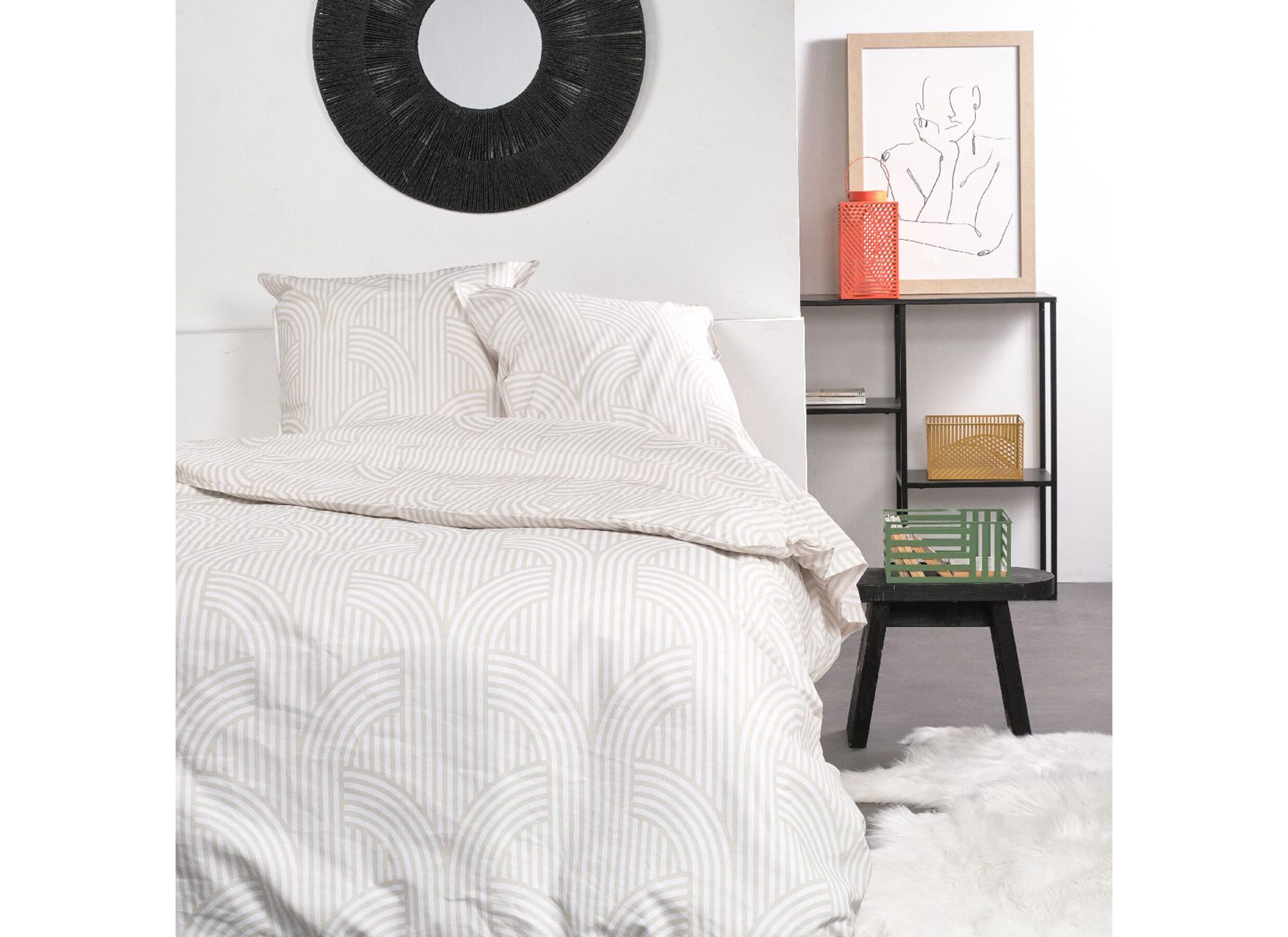 Dekbedovertrek Sunshine 260x240cm - katoen - wit & beige - Housse de couette Sunshine 260x240cm - coton - blanc & beige