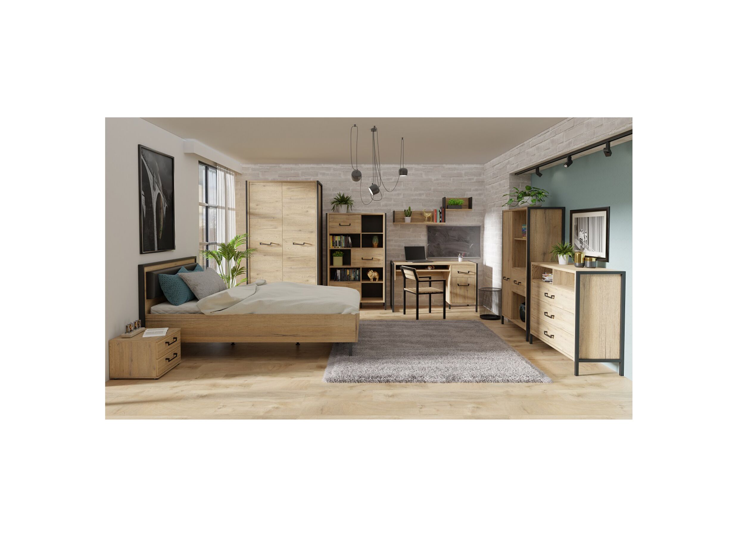 Photo ensemble - Table de chevet Oriental Tree 46,3x40,8x33,7cm - panneau décor - bartex chêne