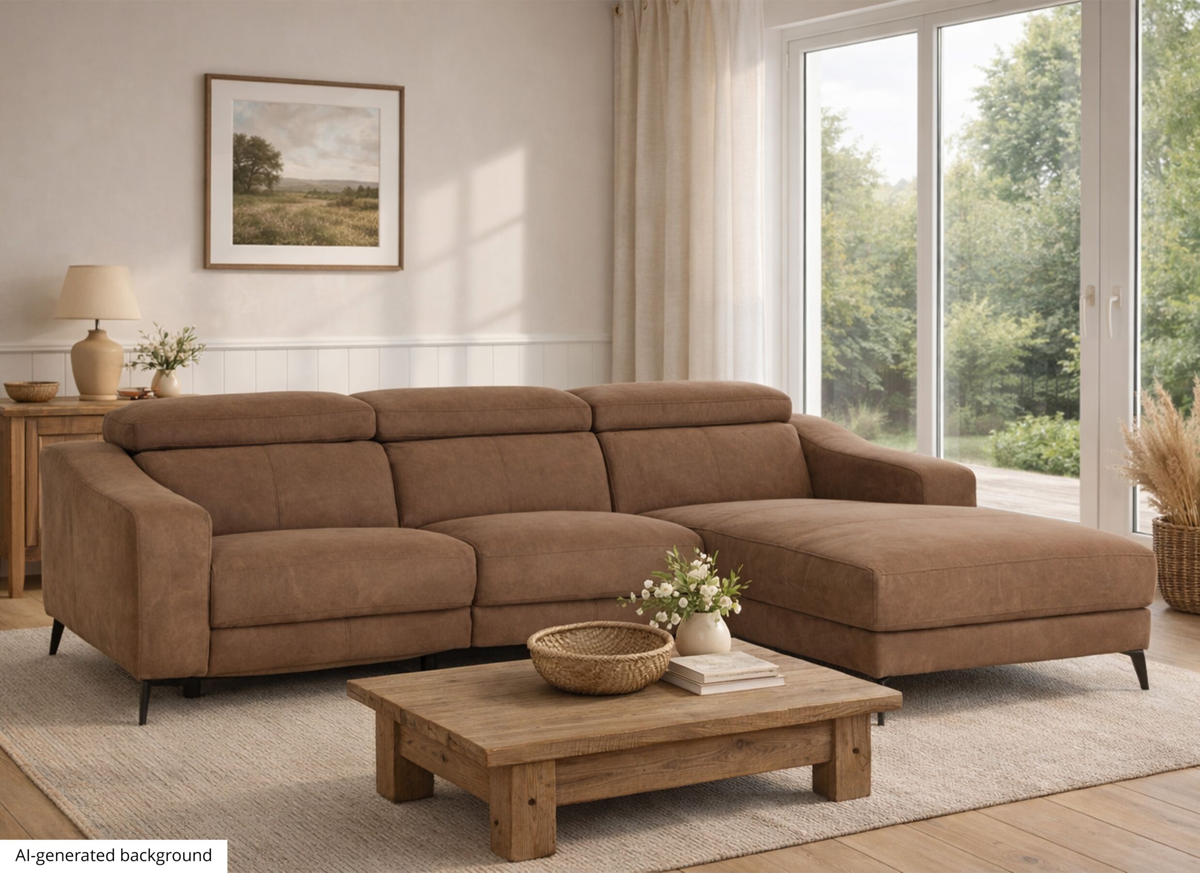 AI Generated - Canapé d'angle Mana 272x174cm - tissu - cognac avec relax