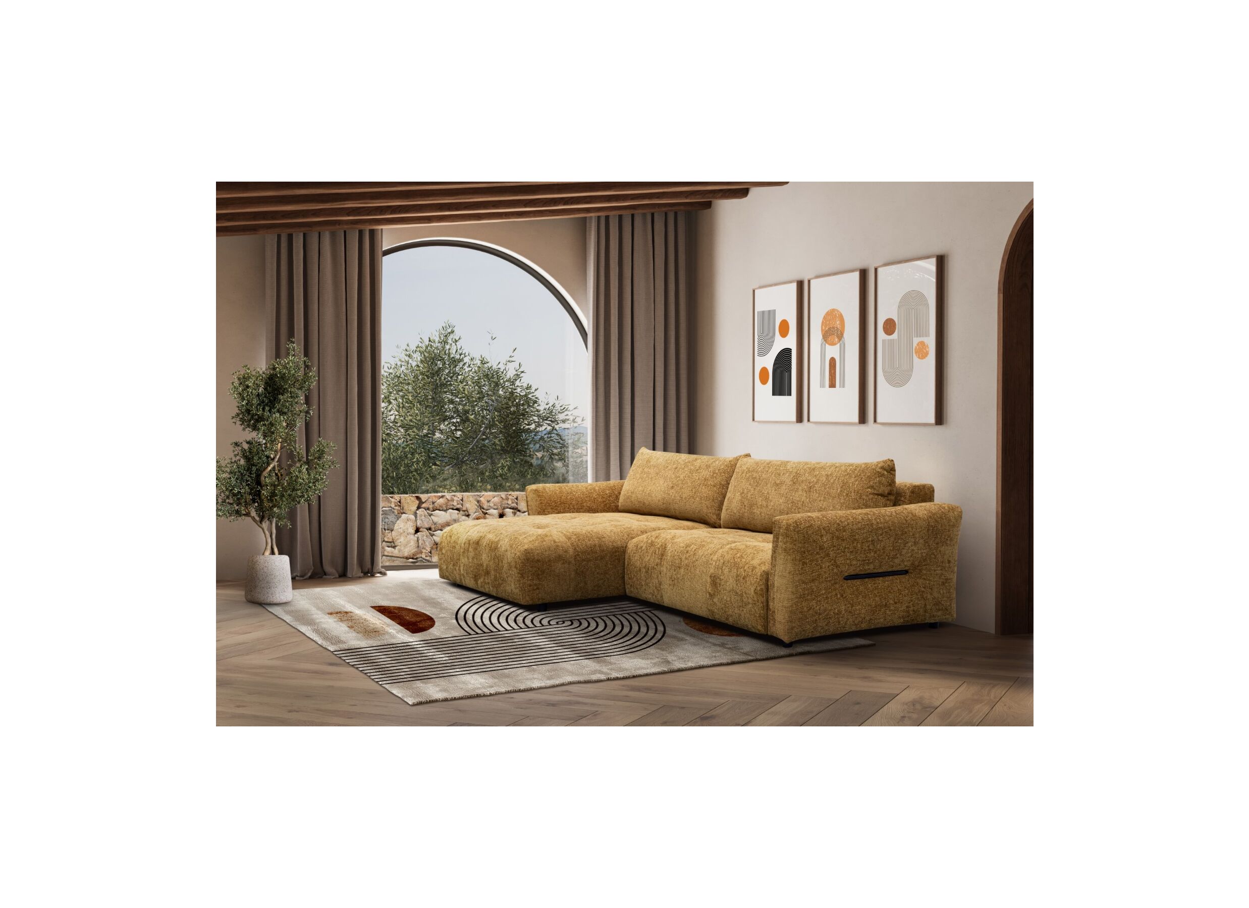 Foto ambiance - Canapé d'angle Amber 314x173cm - tissu - ocre