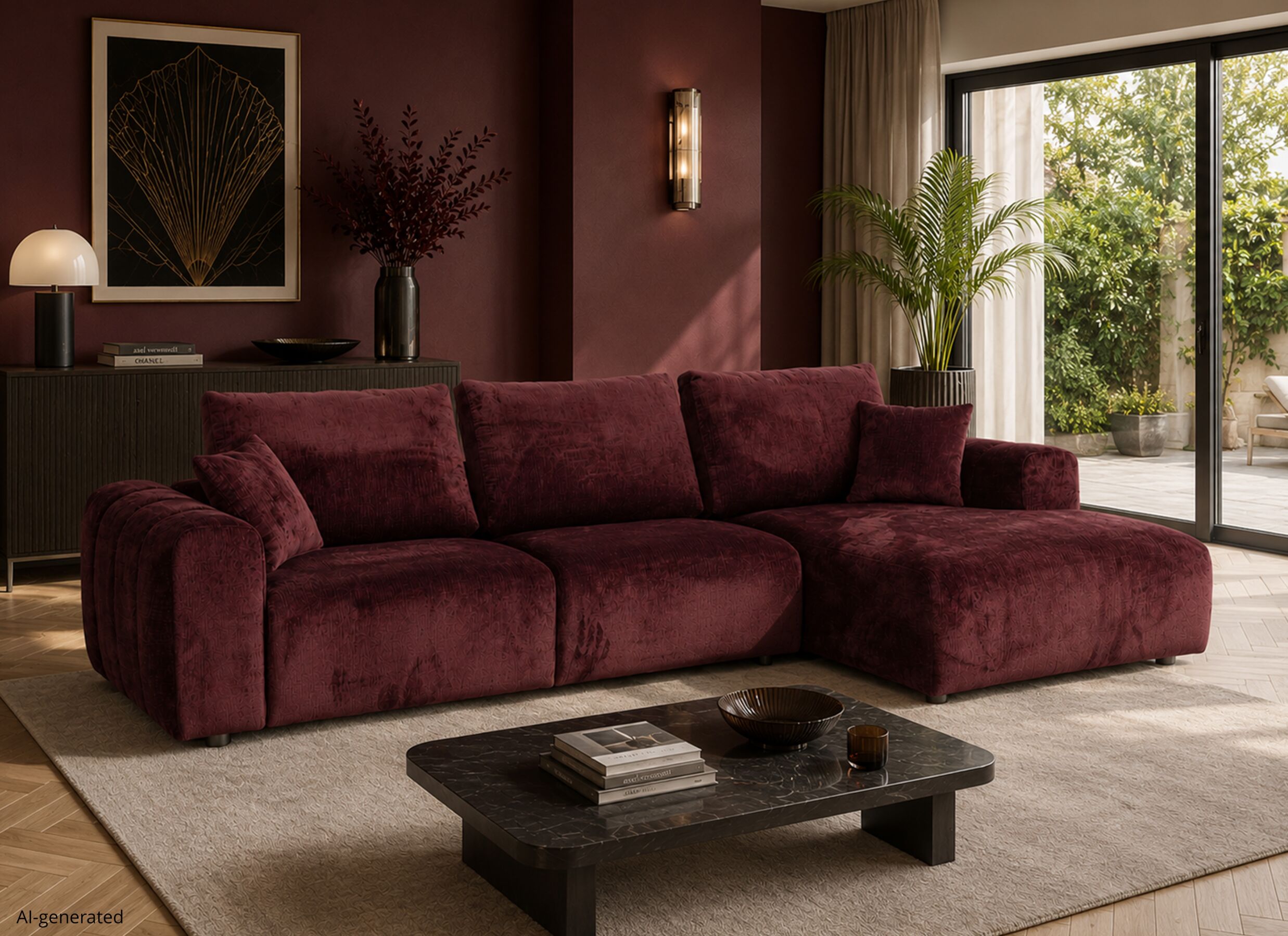 AI Generated - Hoeksalon Musigny 315x165cm - chenille - bordeaux