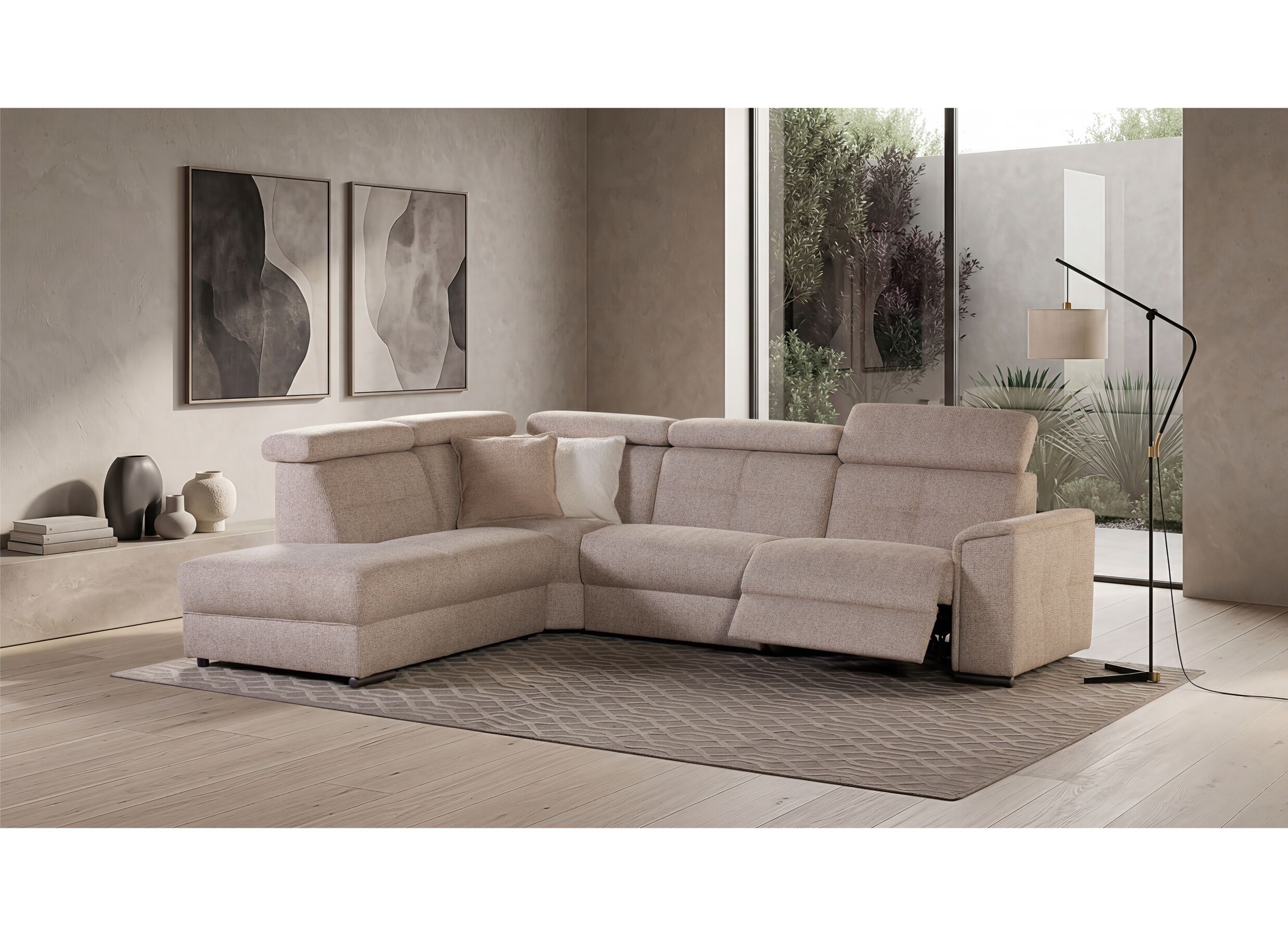 Sfeerfoto - Hoeksalon Lizzie 289x227cm - stof - beige met relax