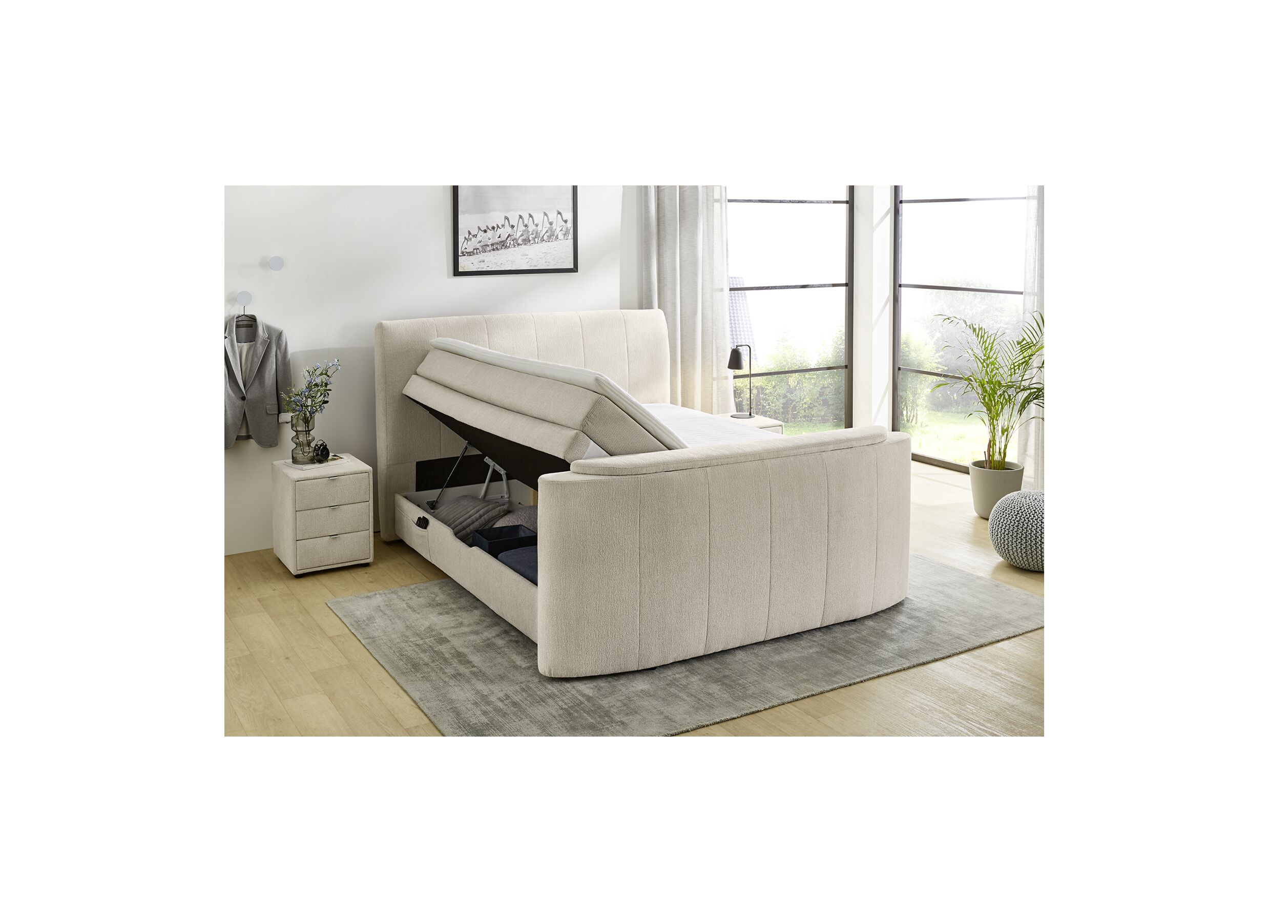 Aperçu - Boxspring Belair Mix 180x200cm avec ascenseur TV et rangement tissu beige