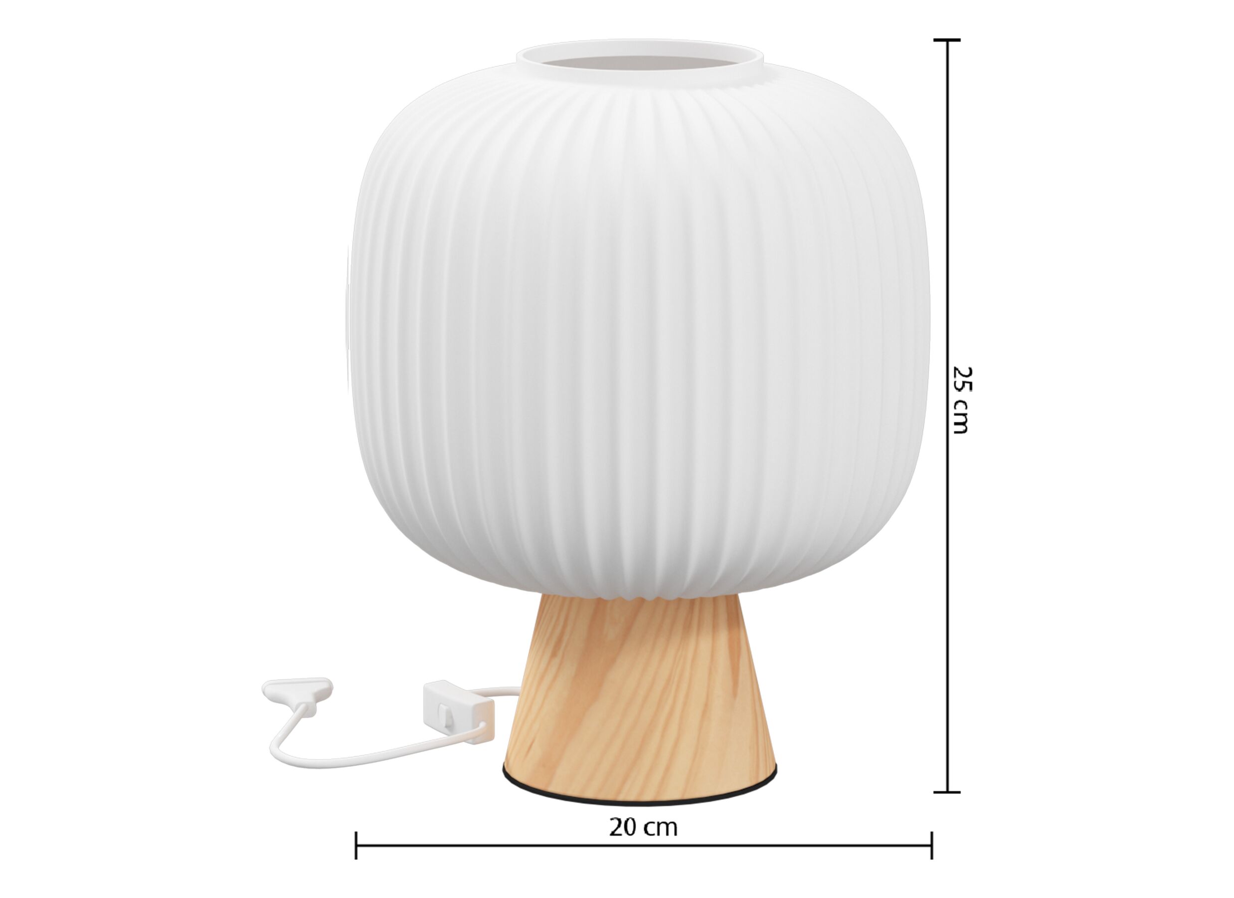 Dimensions - Lampe de table Travis Ø20xH25cm - verre & bois de pin - blanc & naturel