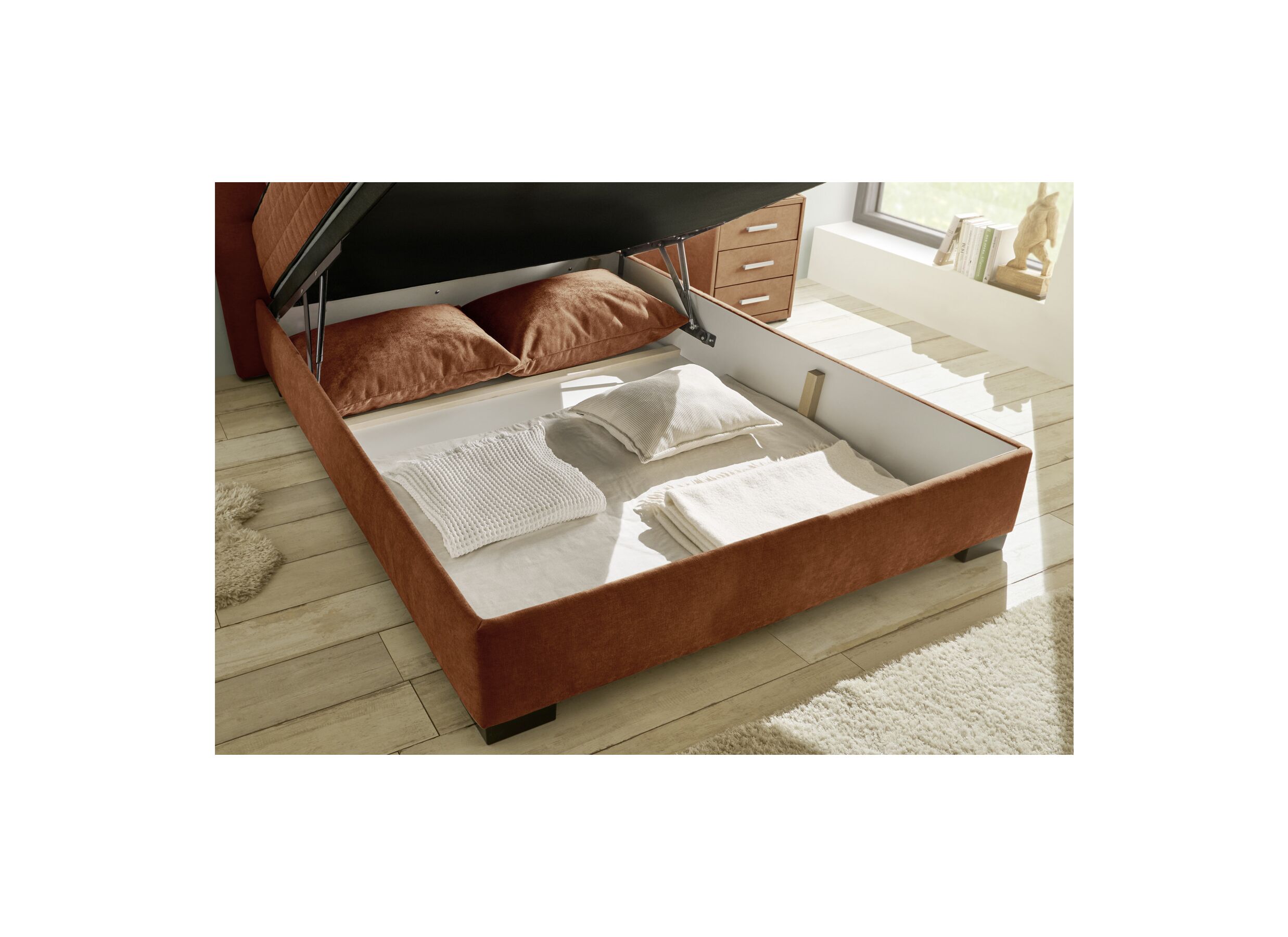 Foto ambiance - Lit box Nagol A 140x200cm avec rangement tissu cognac