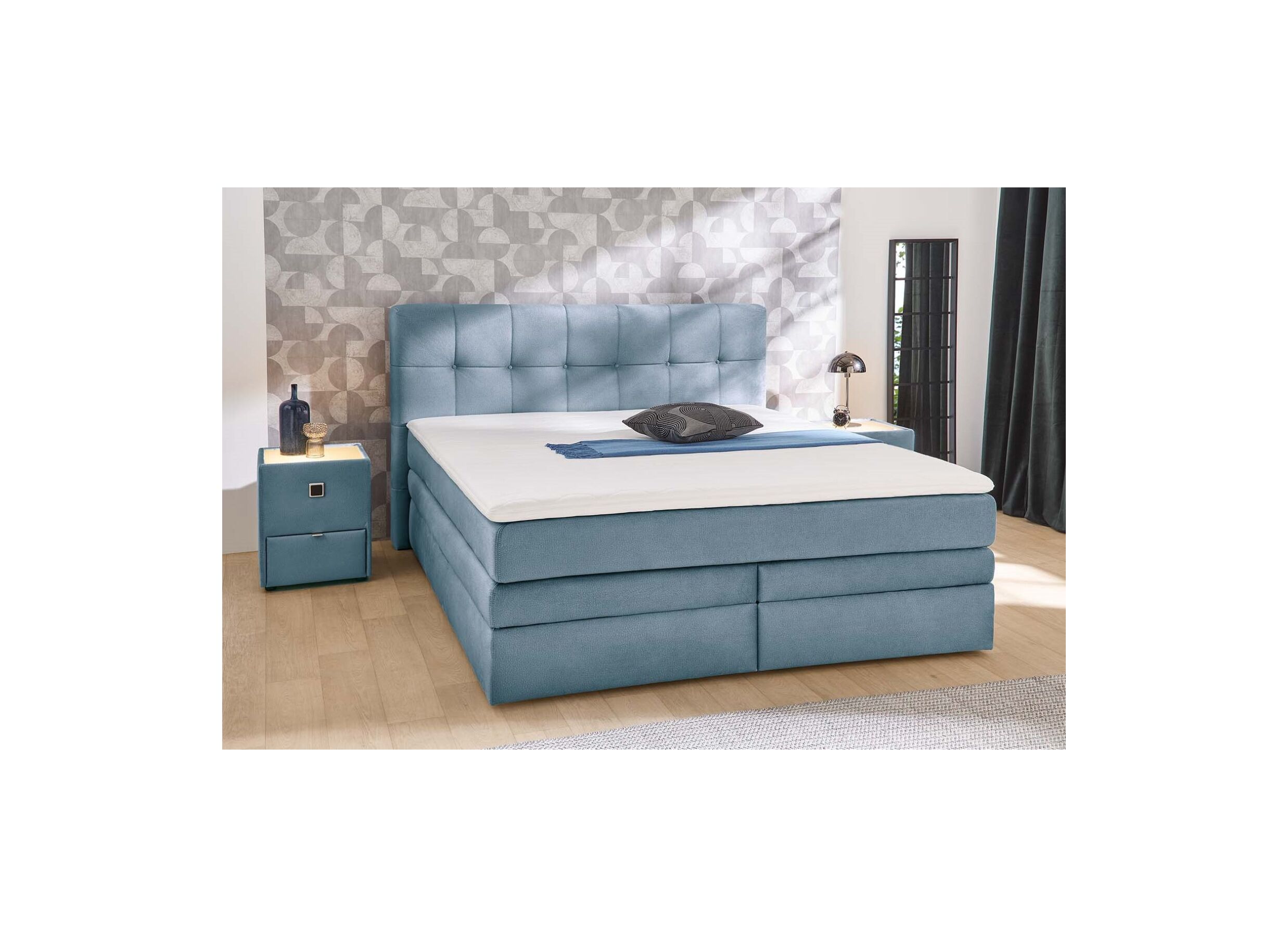Foto ambiance - Boxspring Amy 180x200cm - tissu - bleu avec rangement
