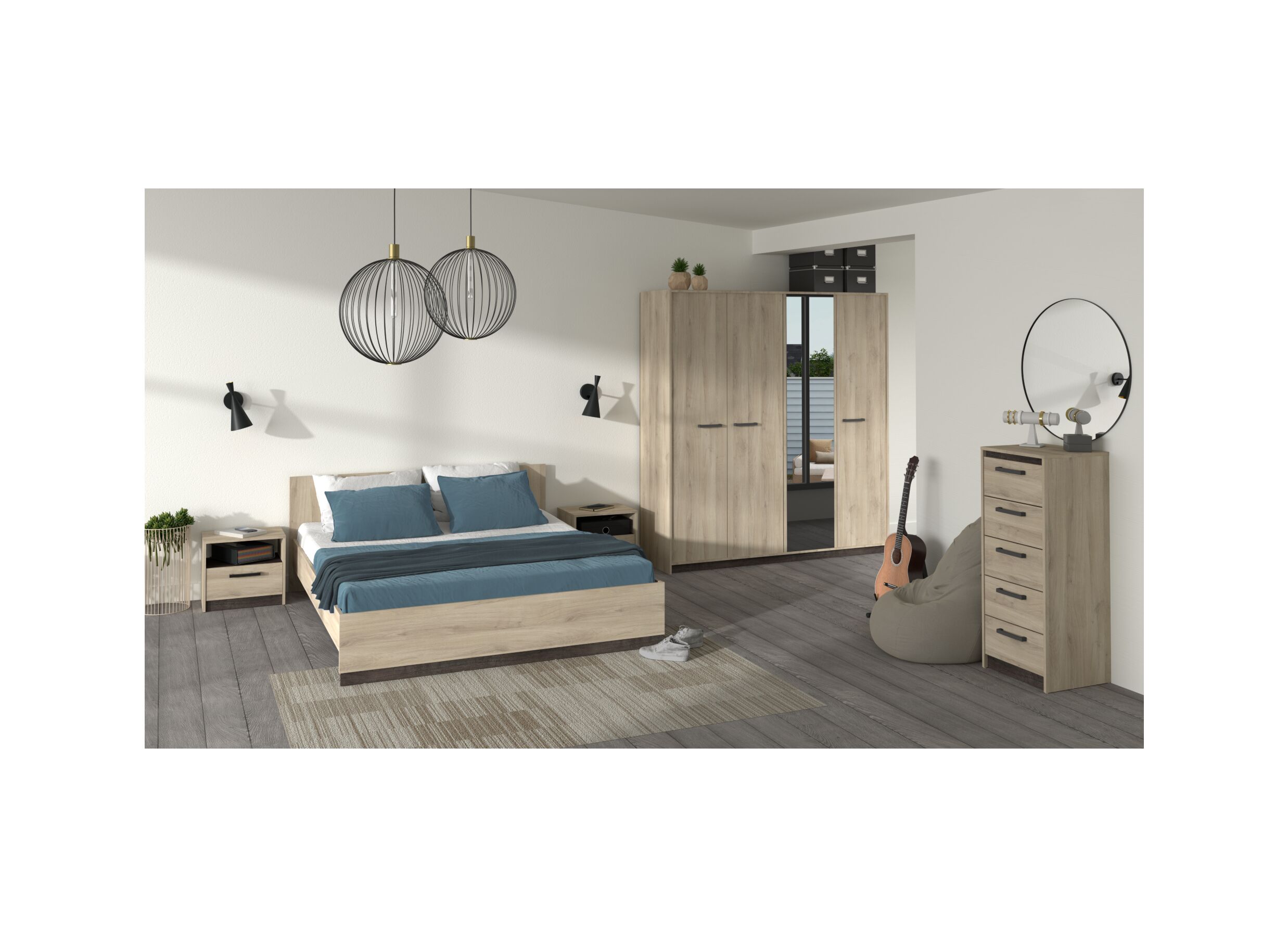 Foto ambiance - Chambre à coucher Watson avec lit 160x200cm - armoire 218cm - commode 83cm