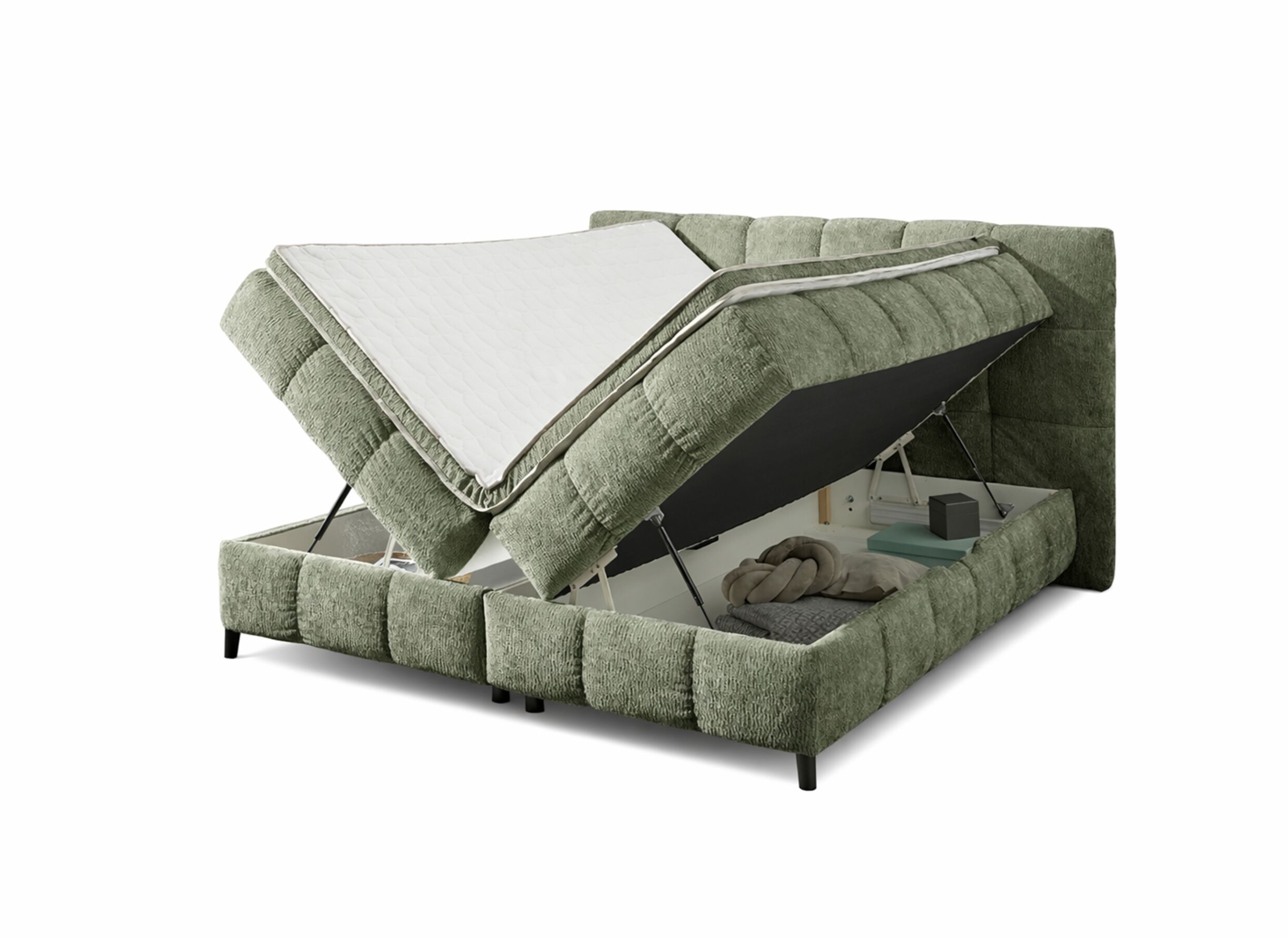 Aperçu - Lit box Molly 180x200cm - tissu - vert avec rangement