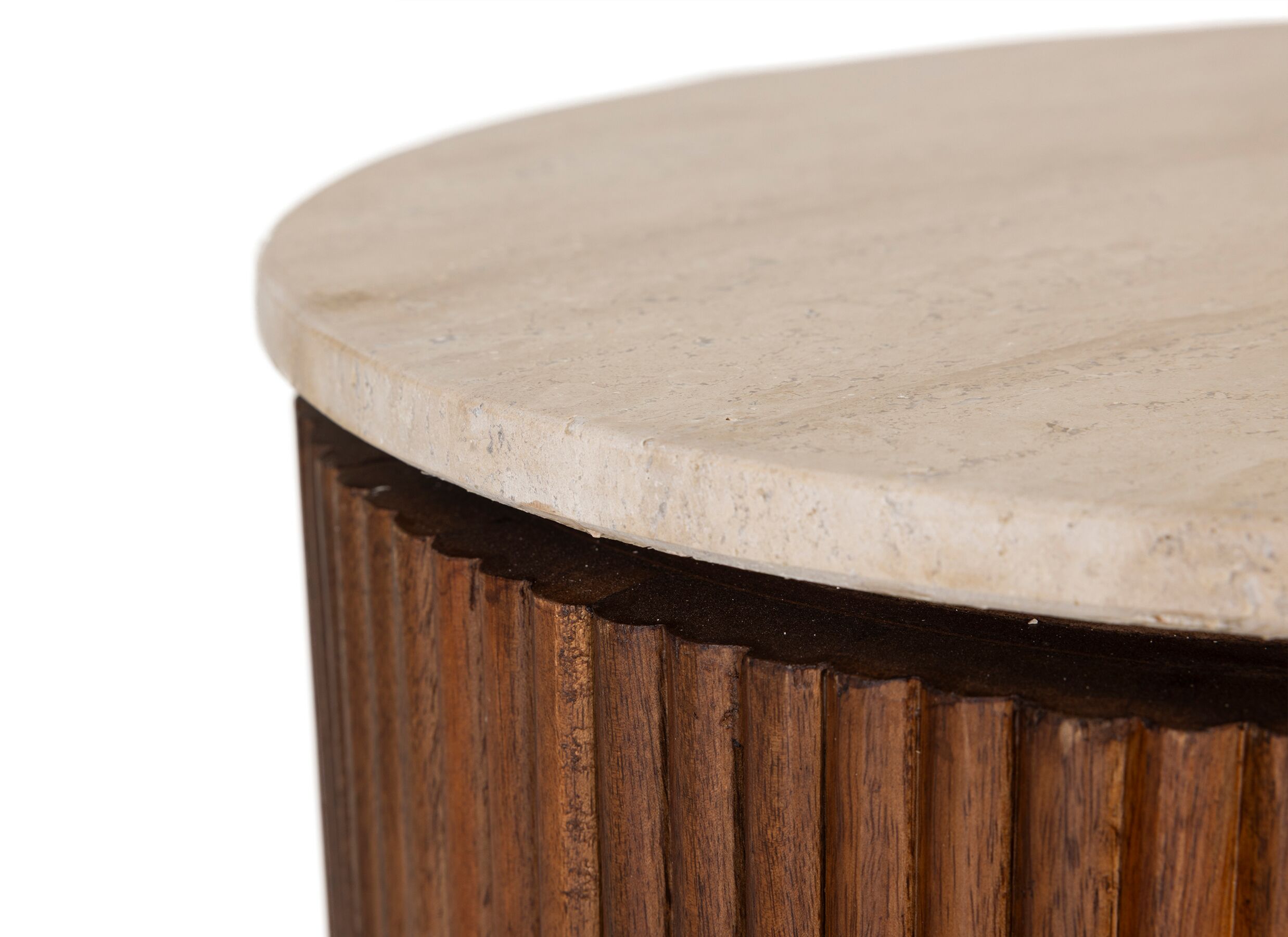 Detailfoto - Salontafel Fossa 80x60x35cm/50x38x40cm - mango massief & travertijn - bruin set van 2