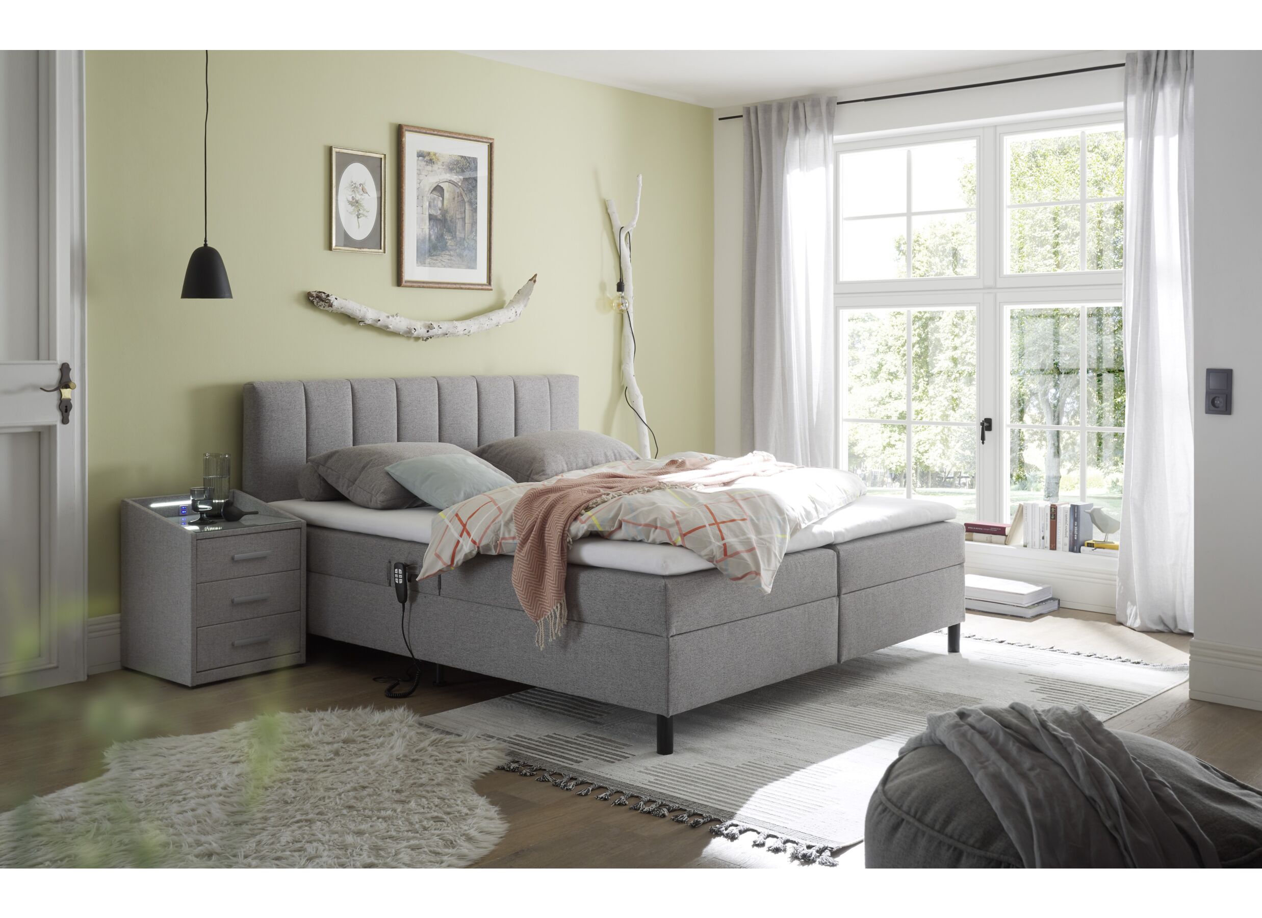 Lit box Miralindo 160x200cm électrique tissu nordic ash