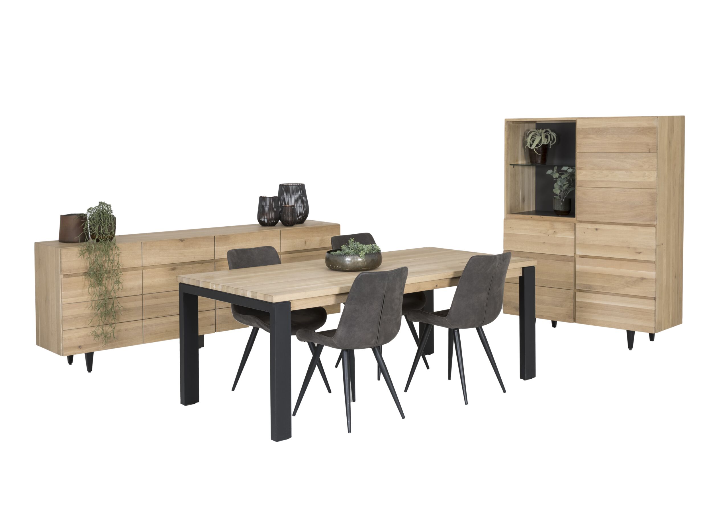 Salle à manger Palacio avec 4 chaises Fuel - Salle à manger Palacio chêne massif, avec 4 chaises Fuel - table 200x100cm - buffet 225cm - meuble bar 125cm
