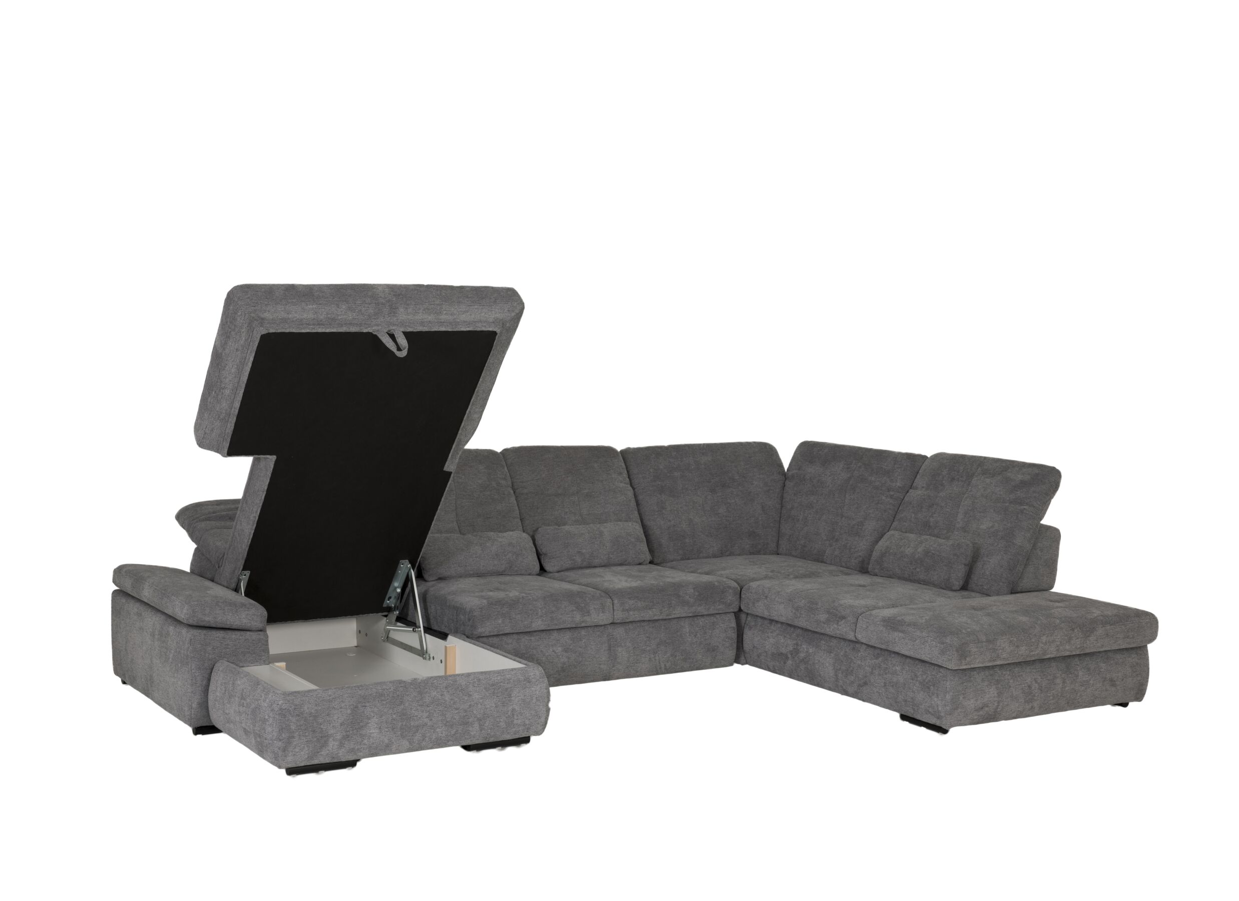 Hoeksalon Artus 371x260cm - stof - grijs met bedfunctie en opbergruimte