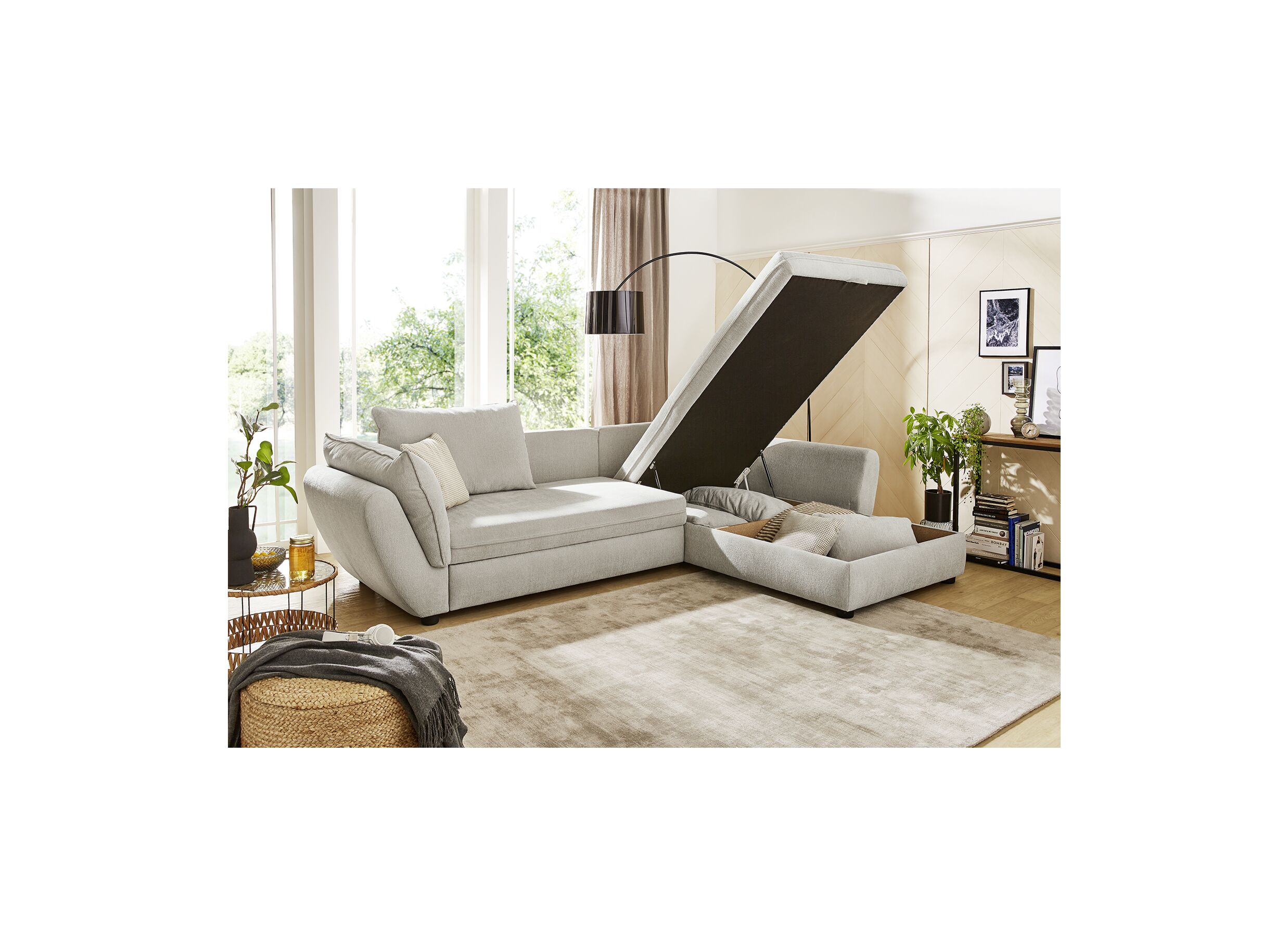 Canapé d'angle Jerez 303x205cm - tissu - greige avec fonction de lit et rangement